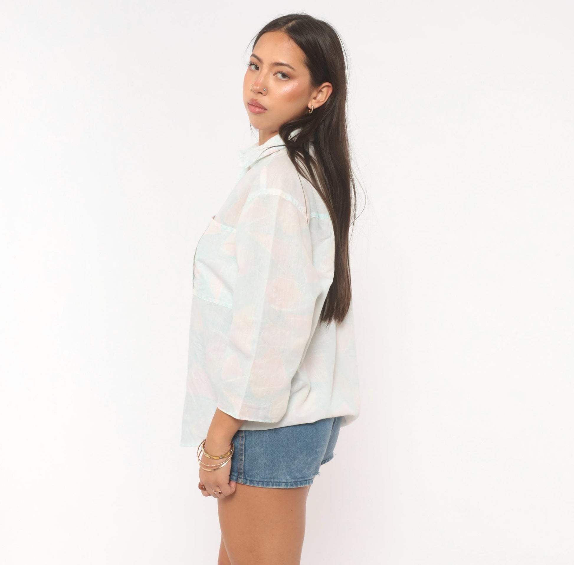 90s Alais Pastel Watercolor Button-Up Blouse Pink Blue Cotton Medium M