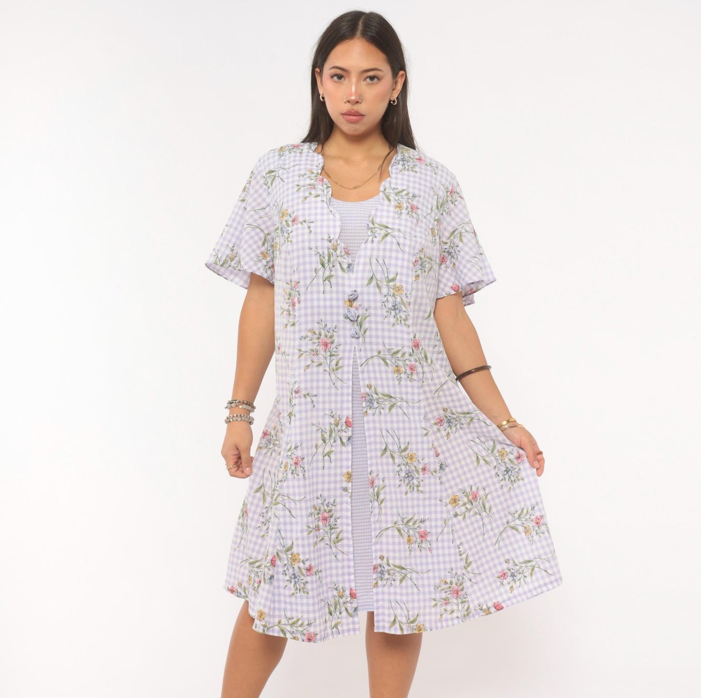 90s Sarah Richards Plus Lavender Gingham Floral Dress Flutter Sleeve A-Line Extra Large XXL