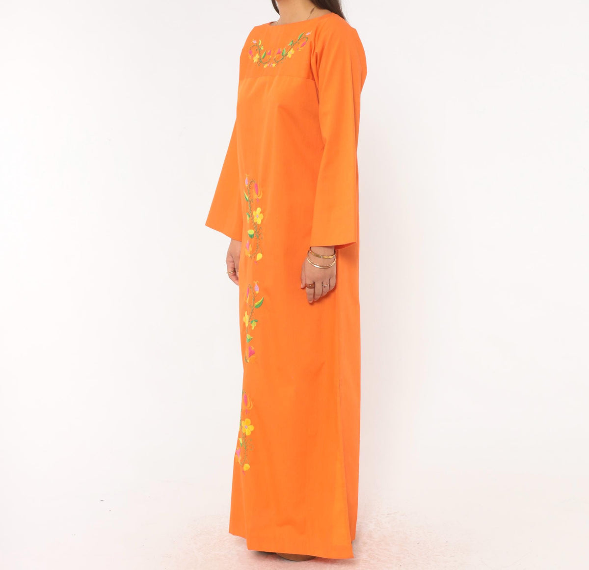 70s Orange Embroidered Maxi Dress Cotton Floral Bell Sleeve Boat Neck Medium M
