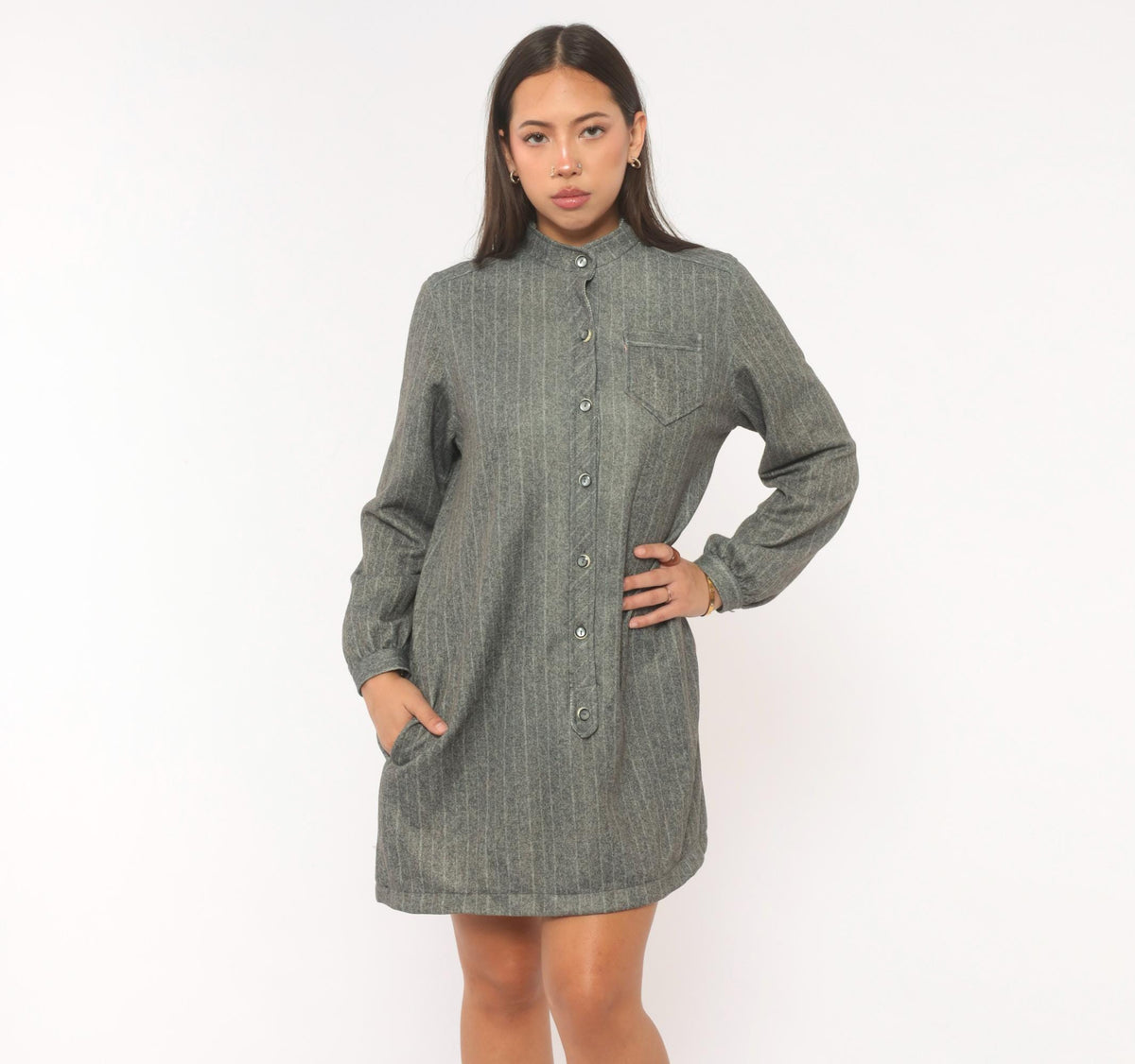 60s Tina's Pinstripe Shirt Dress Grey Mandarin Collar Medium M