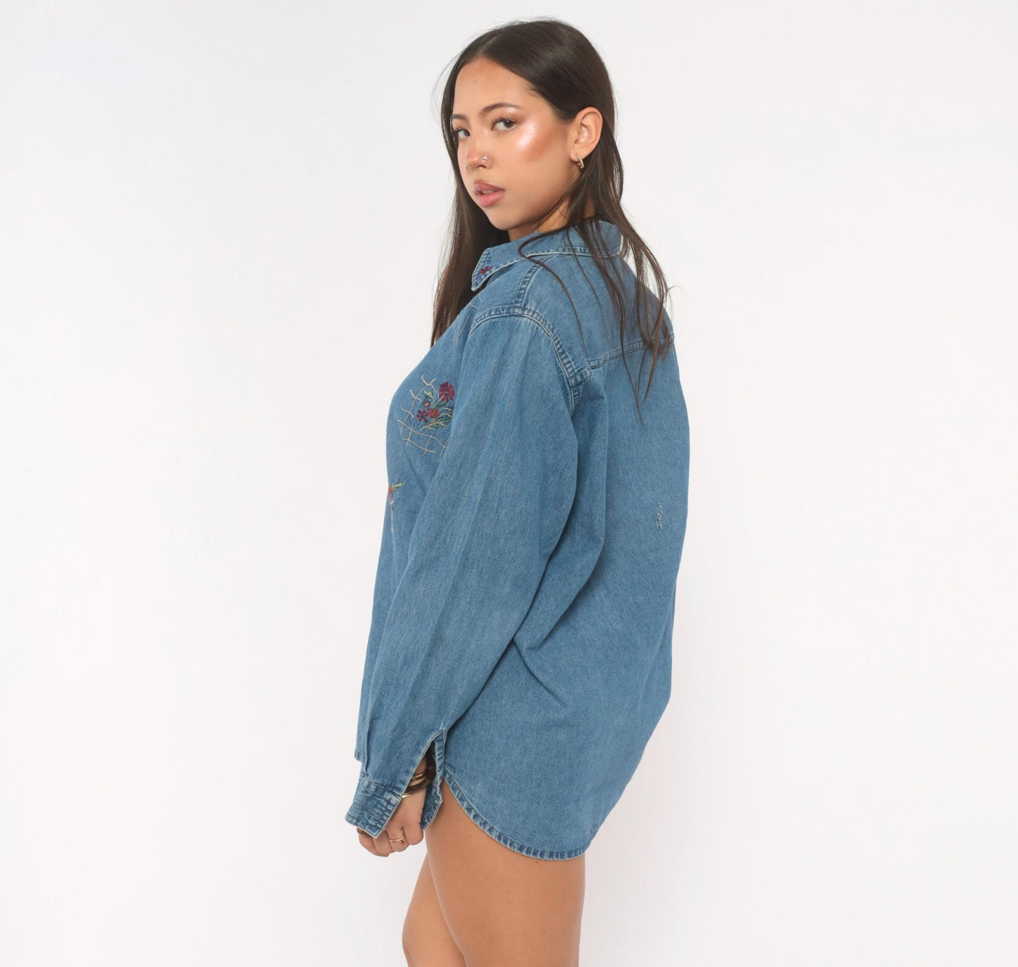90s Floral Embroidered Denim Shirt Cotton Button-Up Lattice Trellis Large L