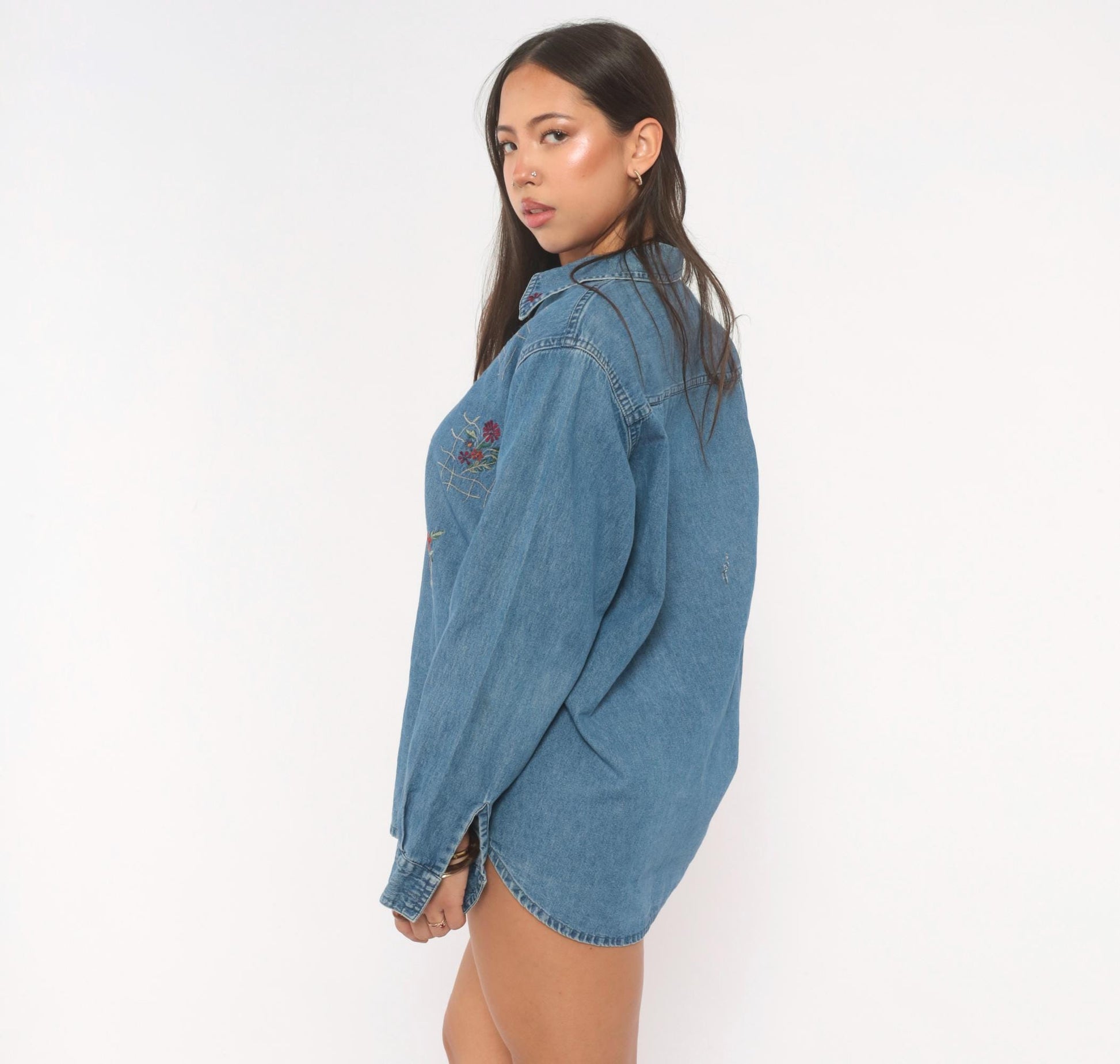 90s Floral Embroidered Denim Shirt Cotton Button-Up Lattice Trellis Large L