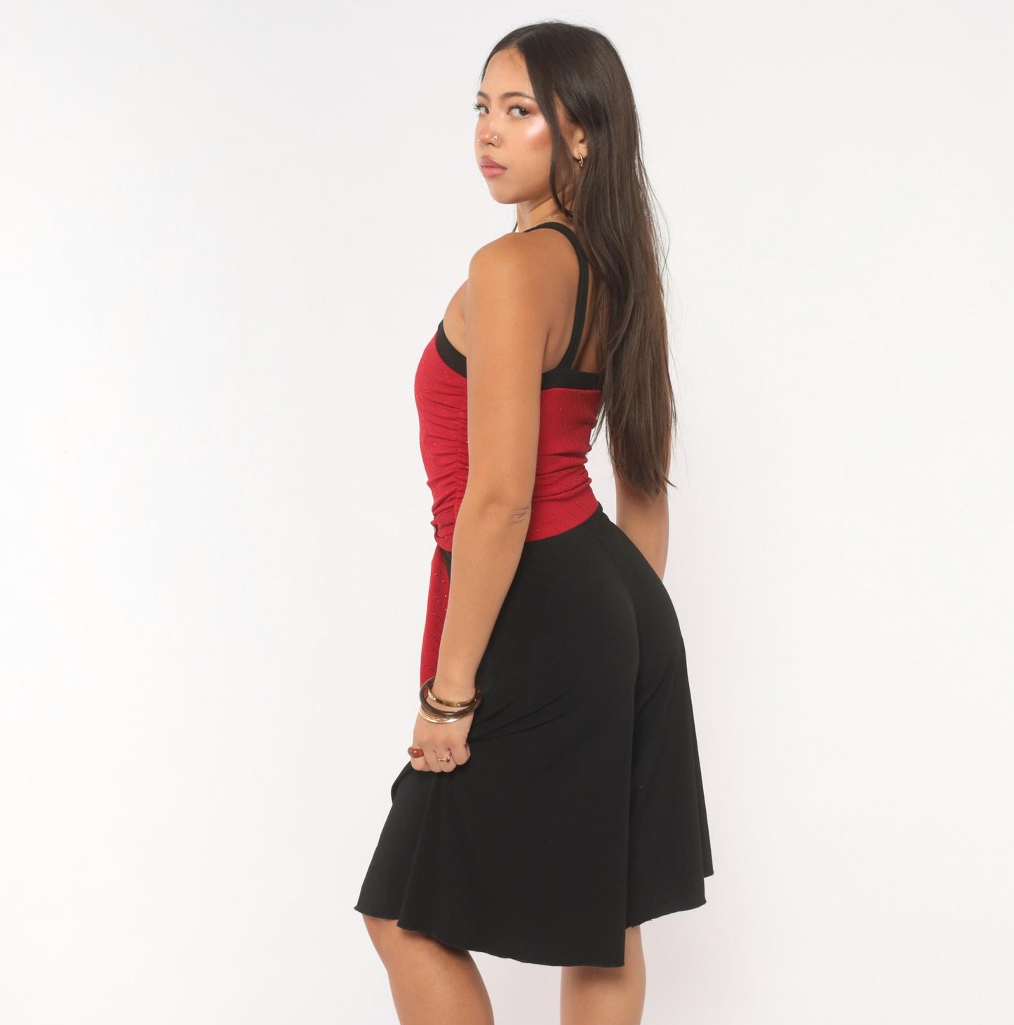 Y2K Byergirl Red Glitter Black Wide-Leg Jumpsuit Ruched Bodice XS