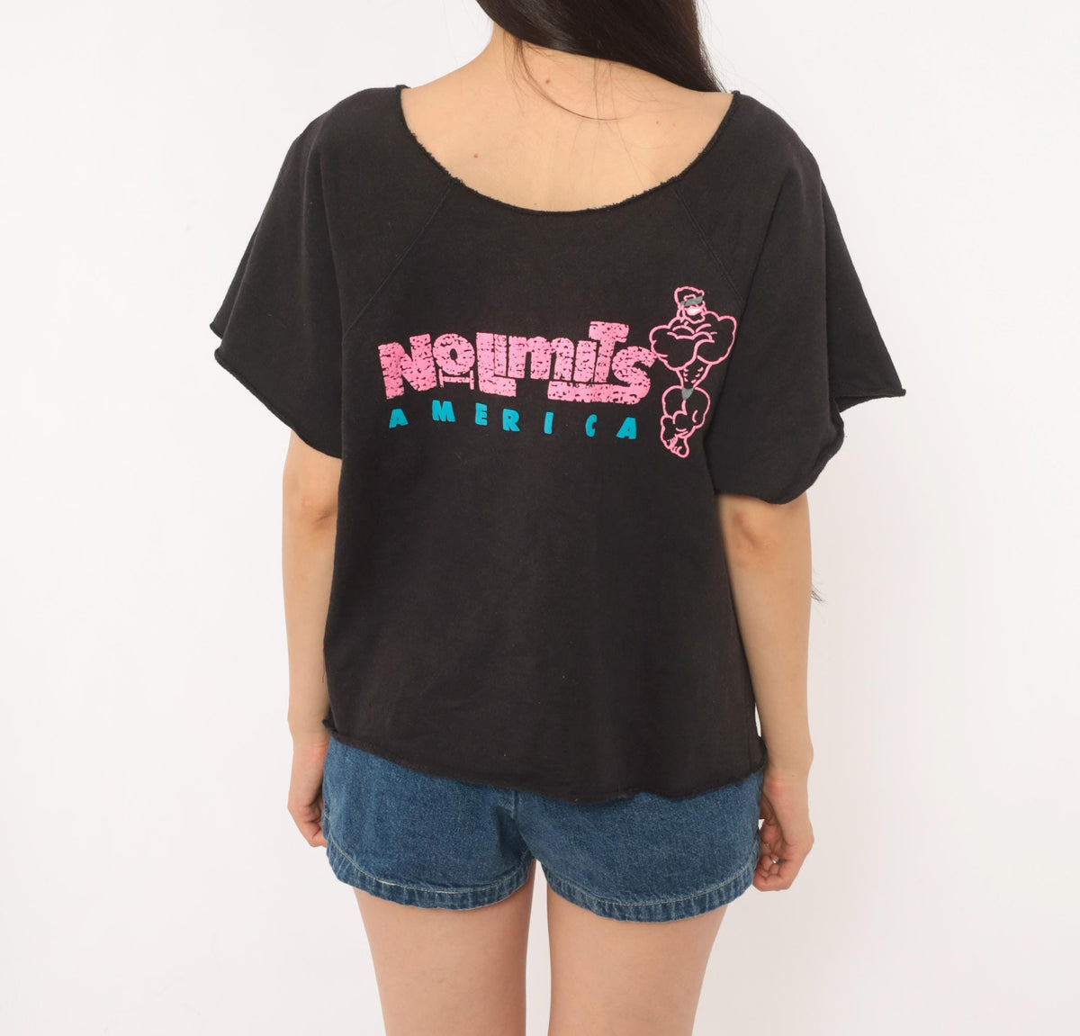 90s No Limits America Muscle Man Neon Graphic Cropped Sweatshirt Black Medium