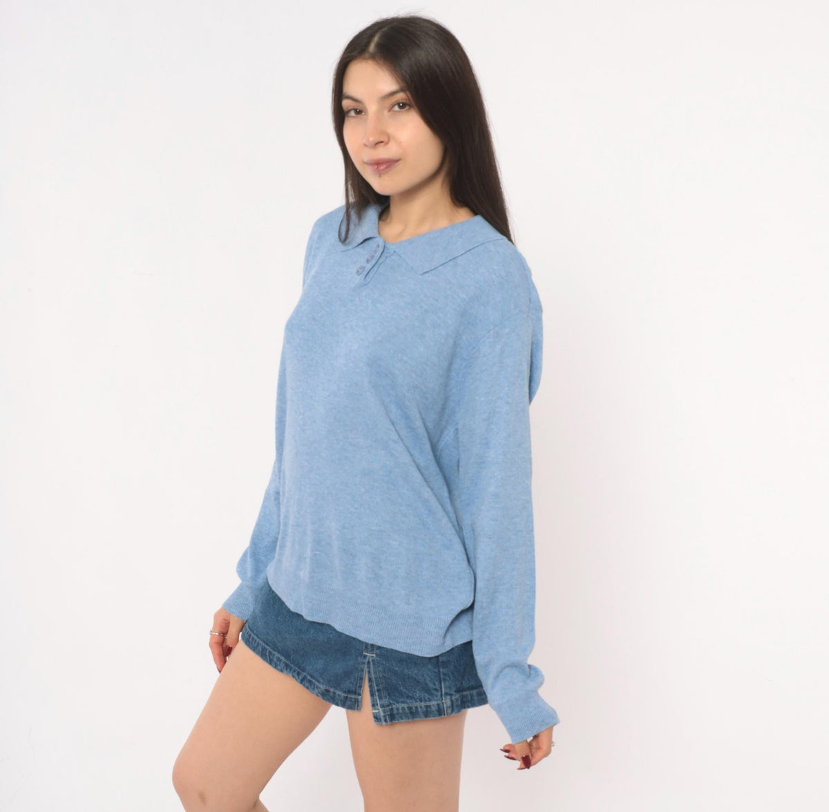 90s Blair Powder Blue Polo Sweater Knit Collar Button Pullover Medium