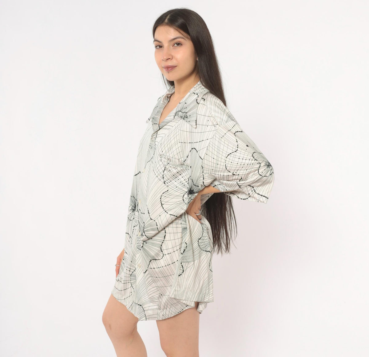 70s Kramers Honolulu Hawaiian Shirt Black Floral Line Art White Plus Size XXL