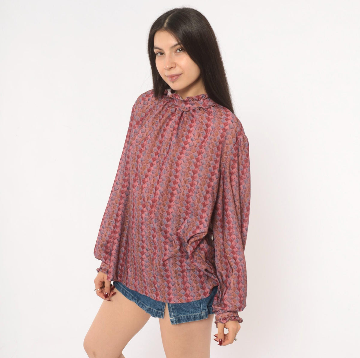70s La Grande Petite Diamond Harlequin Blouse Ruffle Neck Puff Sleeve Dusty Rose Extra Large