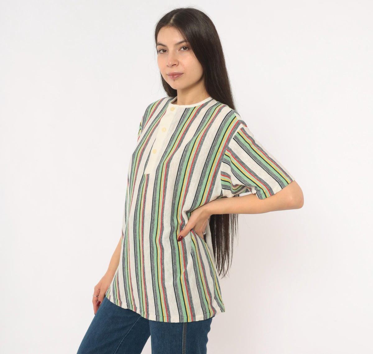 70s Esprit Multicolor Striped Henley Short Sleeve Cotton Shirt Extra Large XL