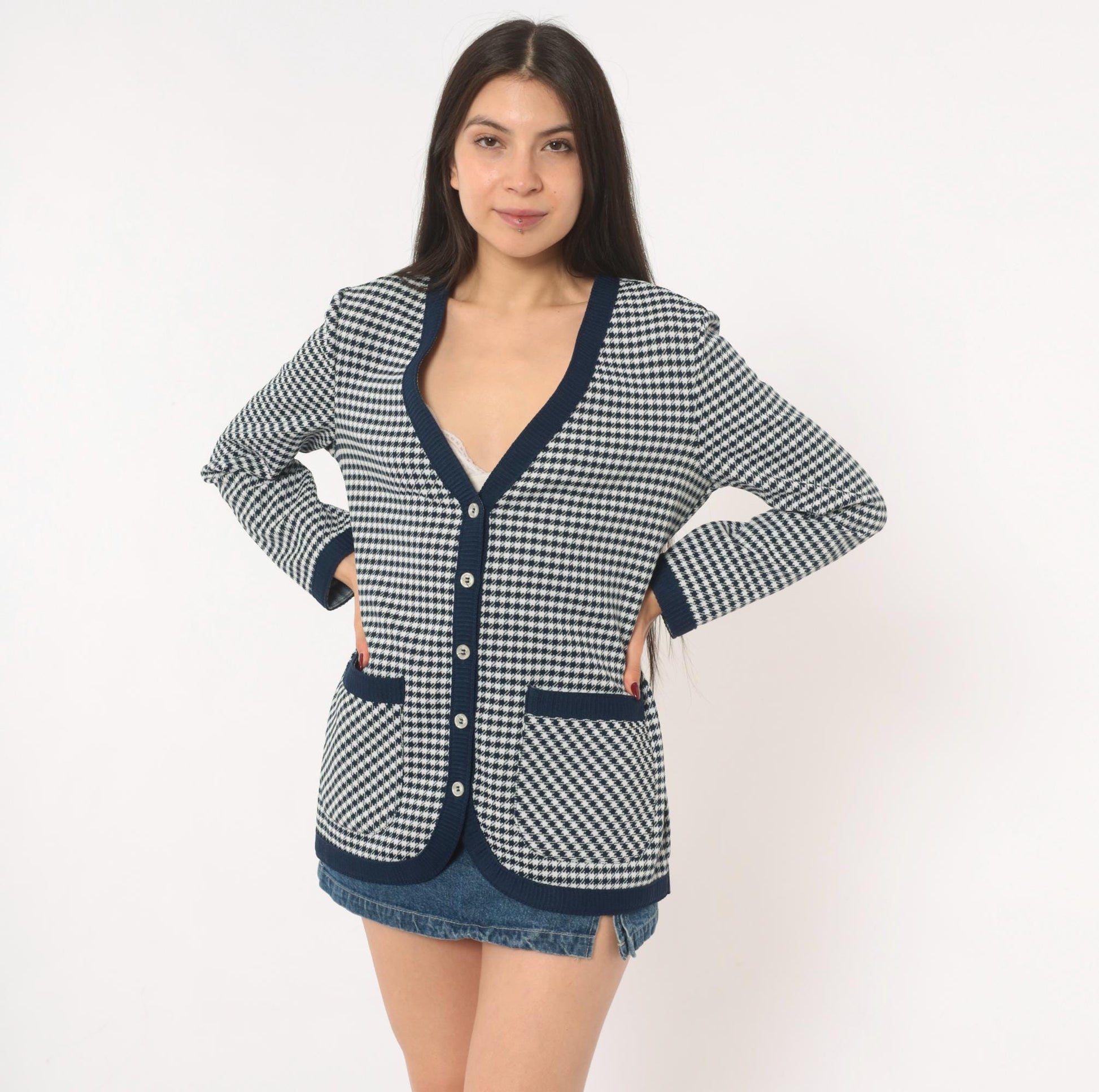70s Jack Winter Houndstooth Cardigan Navy White Check Knit Medium M