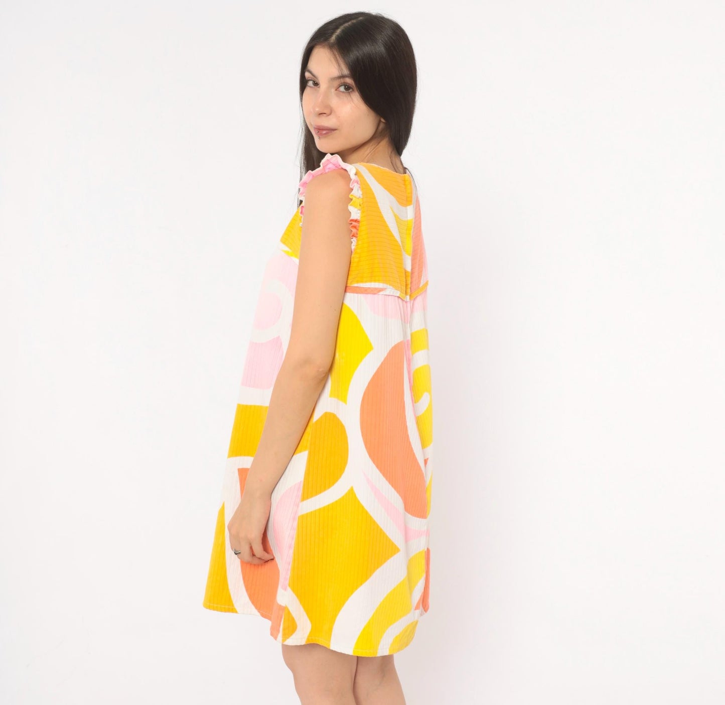 70s Andrade Hawaiian Swirl Mini Dress Yellow Pink Orange Ruffle Cap Sleeve Small
