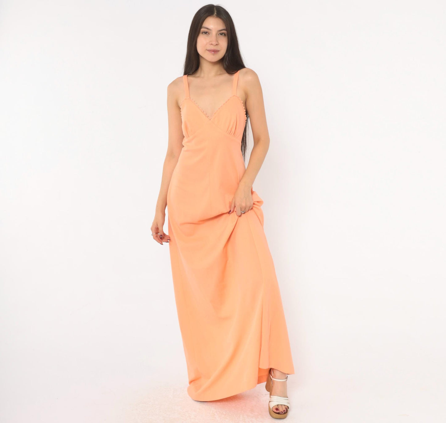 70s Peach Maxi Dress V-Neck Empire Waist Scalloped Lace Spaghetti Strap Medium M