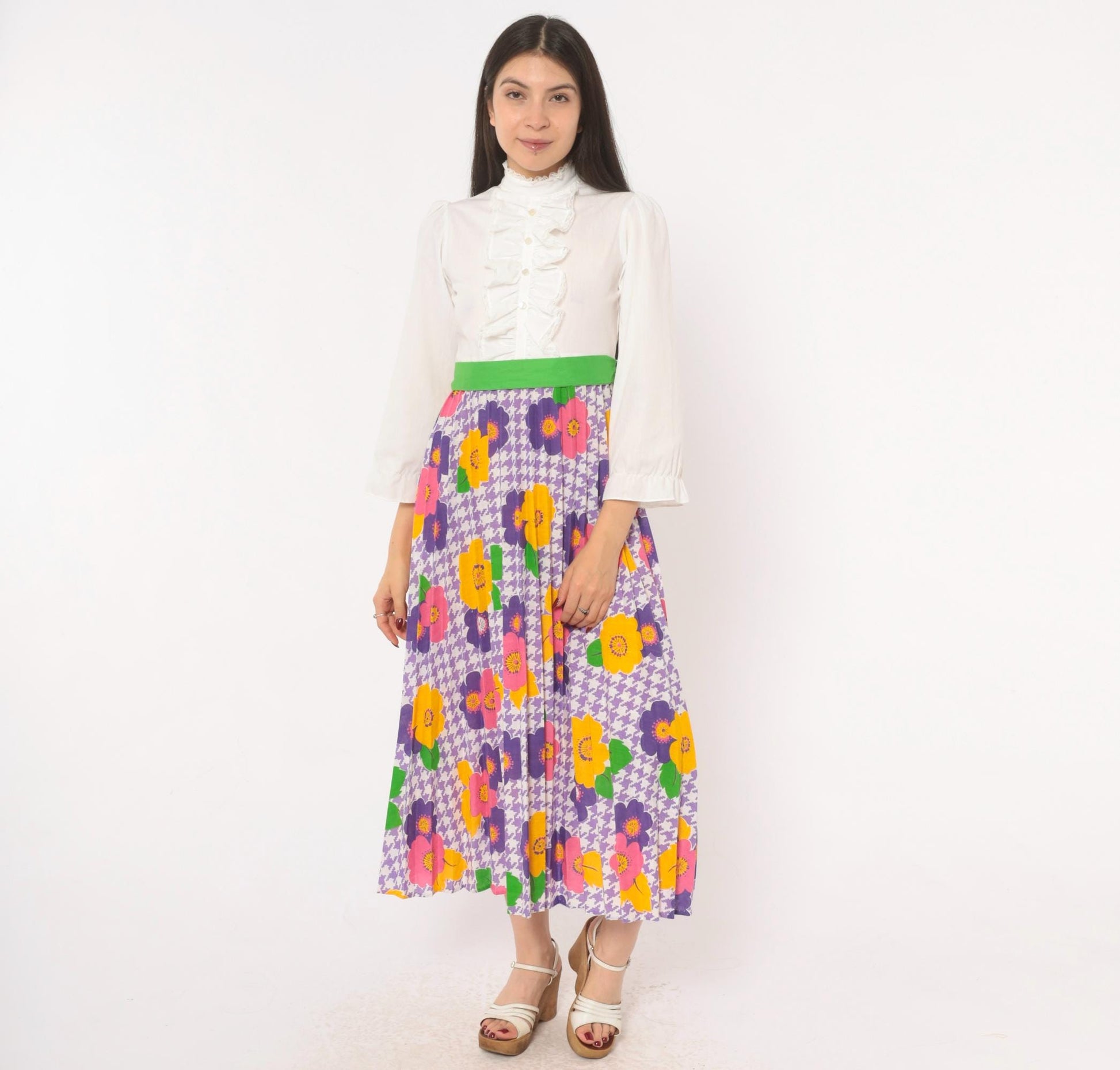 70s Growing Girl Floral Midi Dress Puff Sleeve High Neck White Purple Pink Extra Small XS