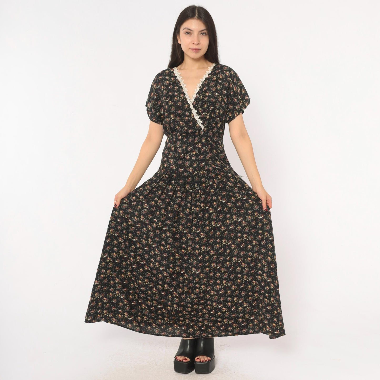 90s Ariana Black Floral Maxi Dress V-Neck Wrap Lace Trim Flutter Sleeve Large L