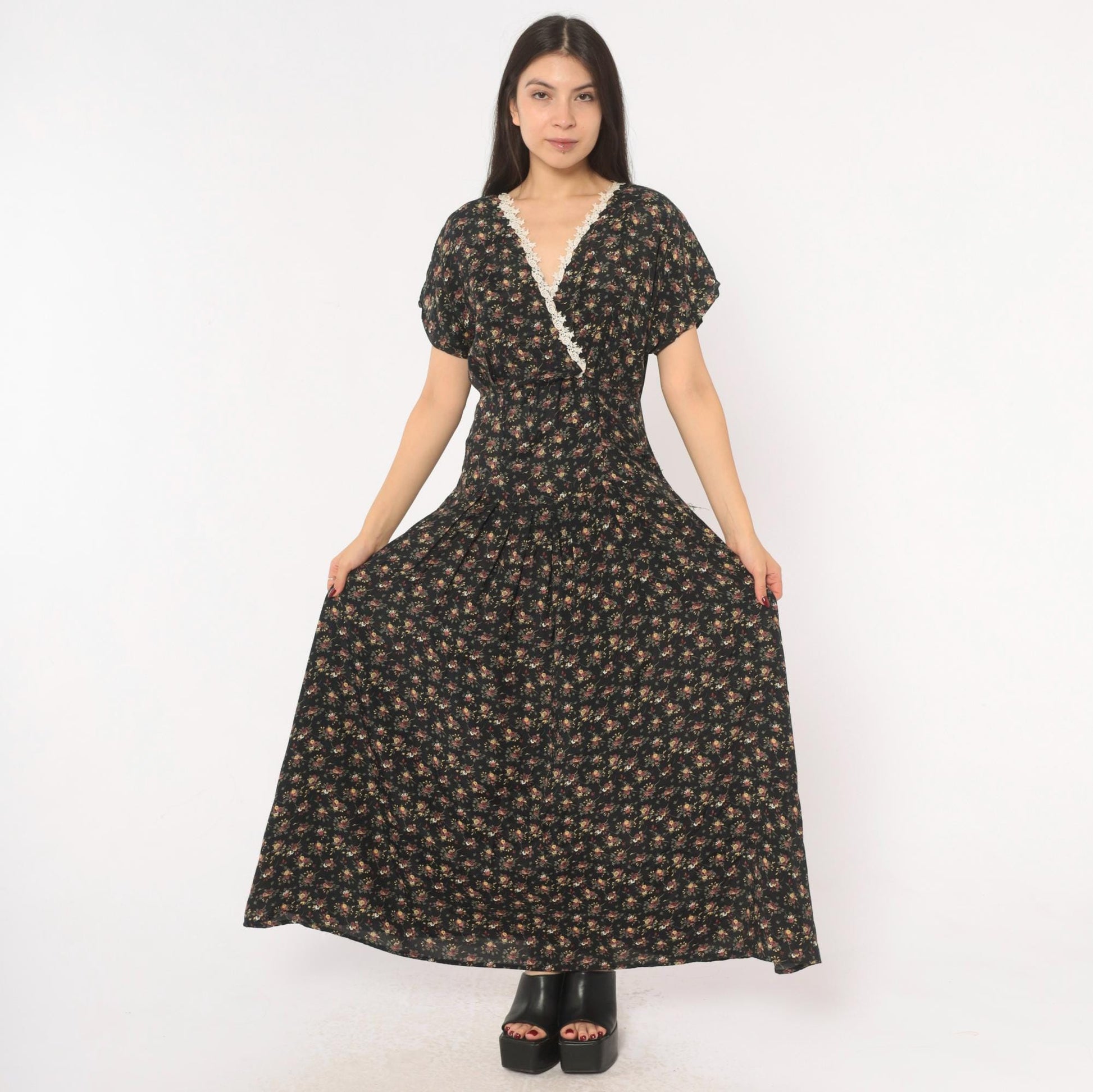90s Ariana Black Floral Maxi Dress V-Neck Wrap Lace Trim Flutter Sleeve Large L