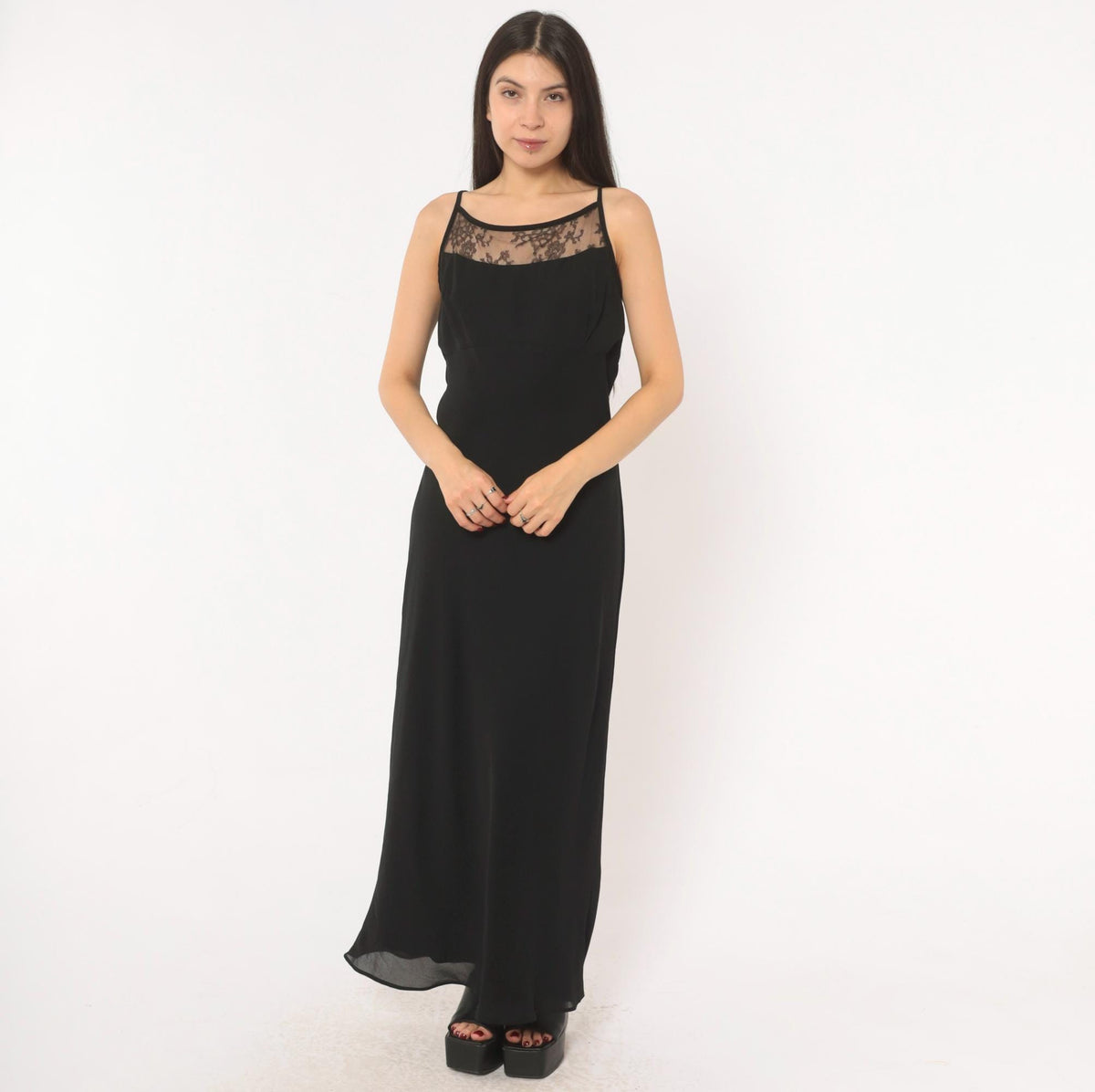 Gunne Sax Black Lace Maxi Slip Dress 90s Spaghetti Strap Low Back Large L