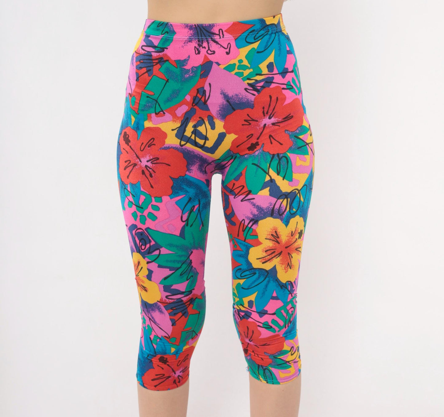 90s Stevi Tropical Floral Capri Leggings Pink Teal Hibiscus High Waist Extra Small XS