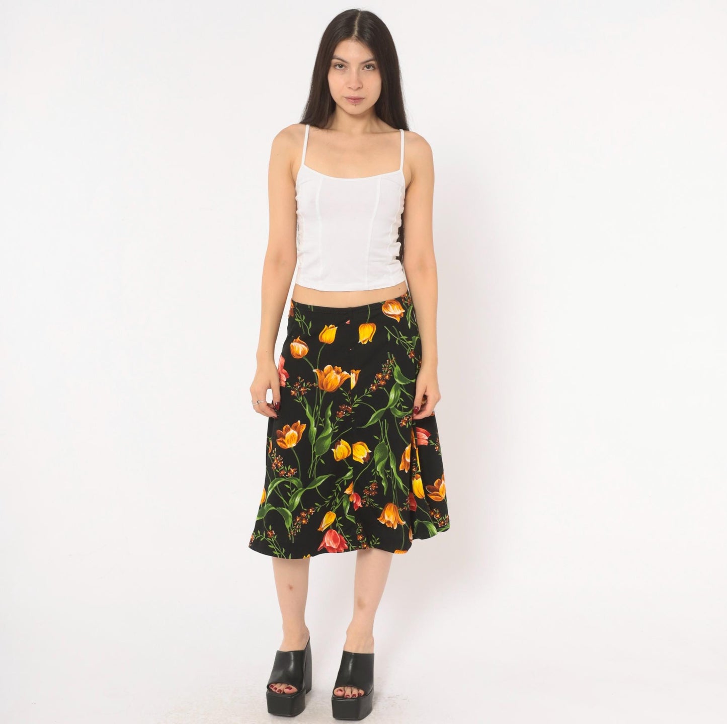 90s St Charmond Tulip Floral A-Line Skirt Black Orange Yellow Medium Large