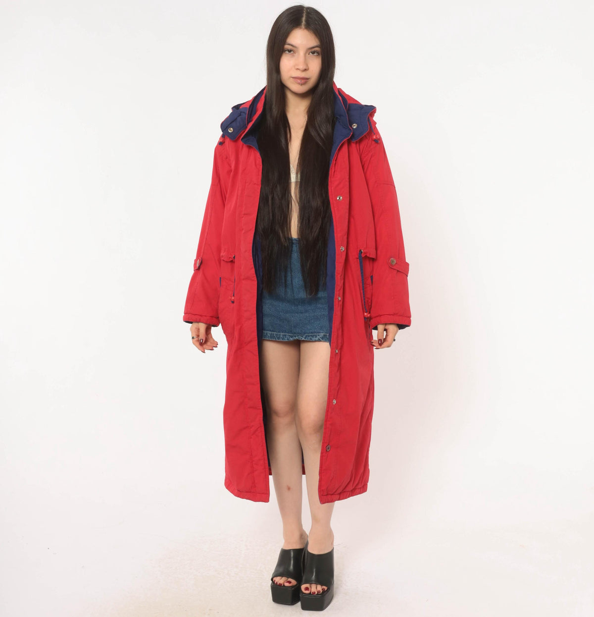80s Red Duck Down Parka Long Hooded Coat Navy Trim Small S