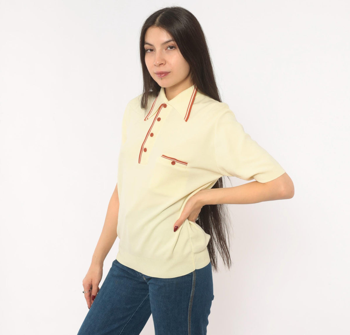 70s Ban Lon Polo Shirt Cream Rust Collar Knit Medium M