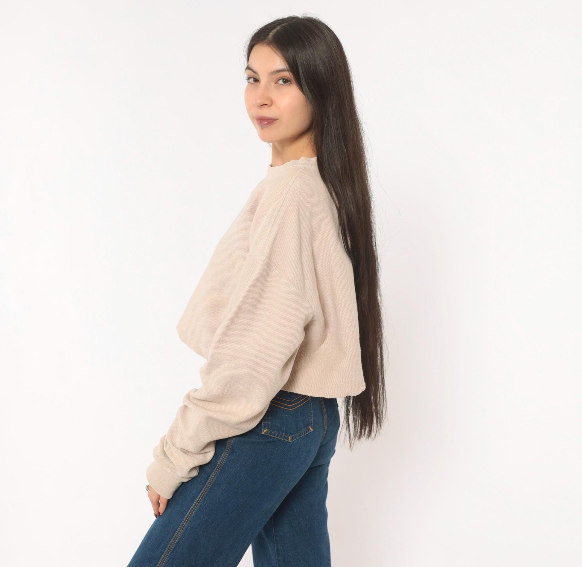 90s Lands' End Cropped Sweatshirt Tan Cotton Raglan Small