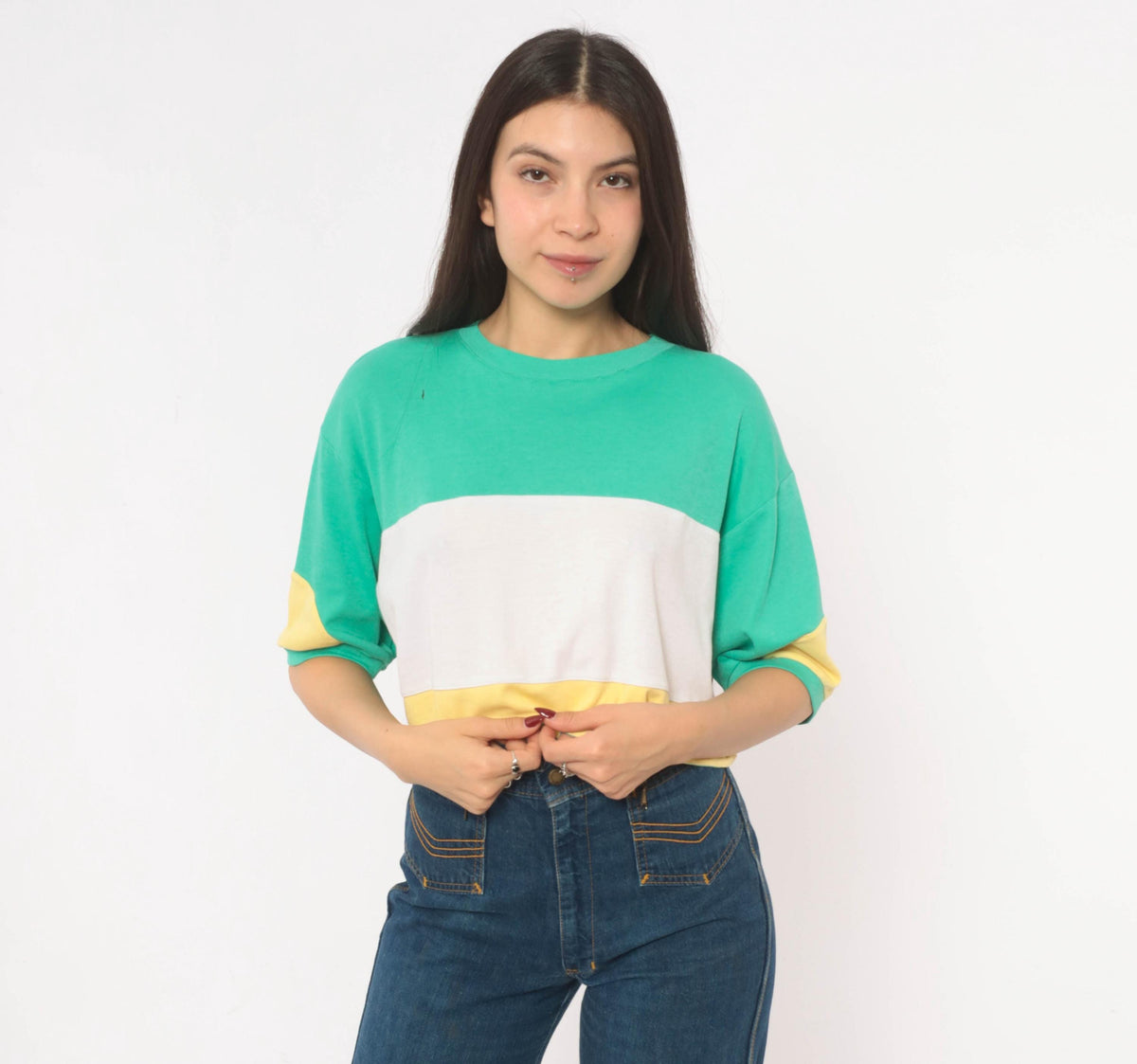 80s Color Block Crop Top Green White Yellow Cotton Medium M