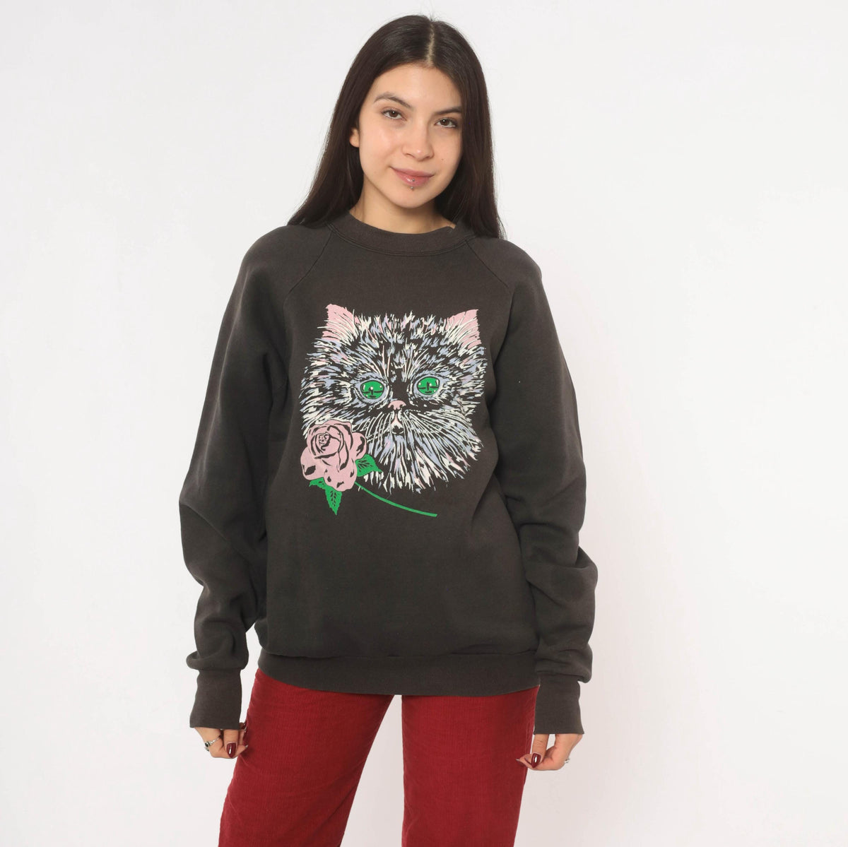 90s Fruit Of The Loom Cat Rose Raglan Sweatshirt Faded Black Large L
