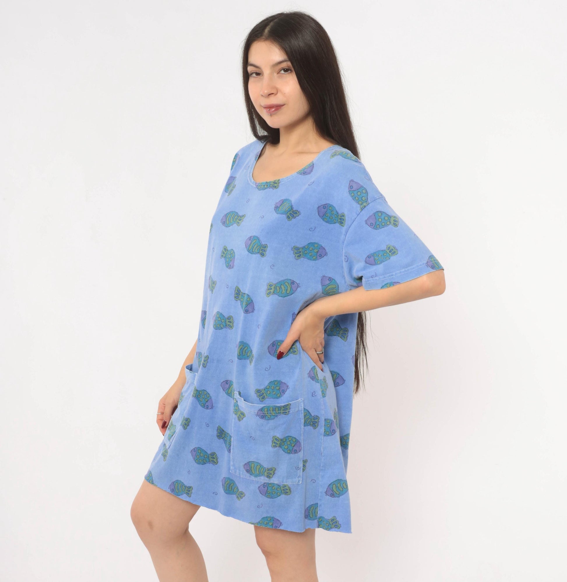 Fresh Produce Fish Print Tunic Dress Periwinkle Cotton Scoop Neck Small