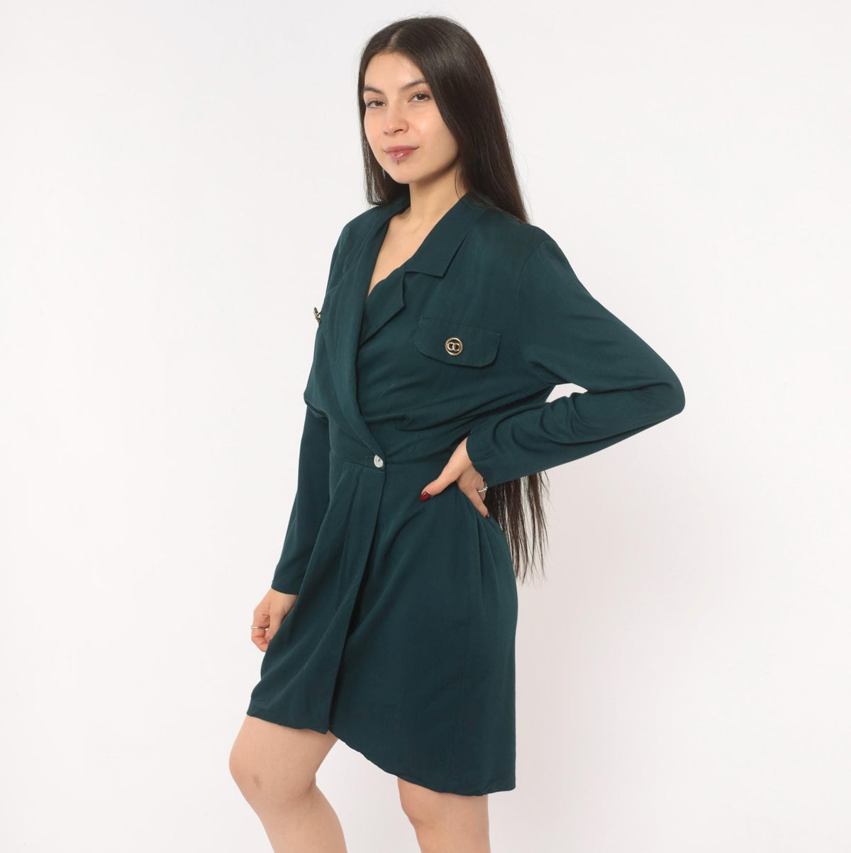 90s Deborah Teal Wrap Dress Gold Button Notched Collar Knee Length Small