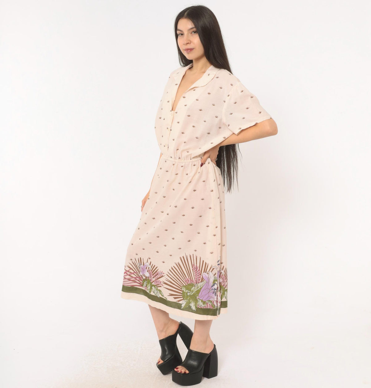 80s Jenny Wren Tropical Border Midi Dress Cotton Button Front Cream Extra Large