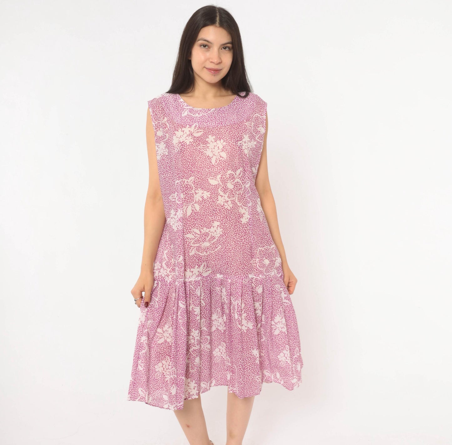 80s California Looks Floral Drop Waist Dress Purple White Knee Length XL