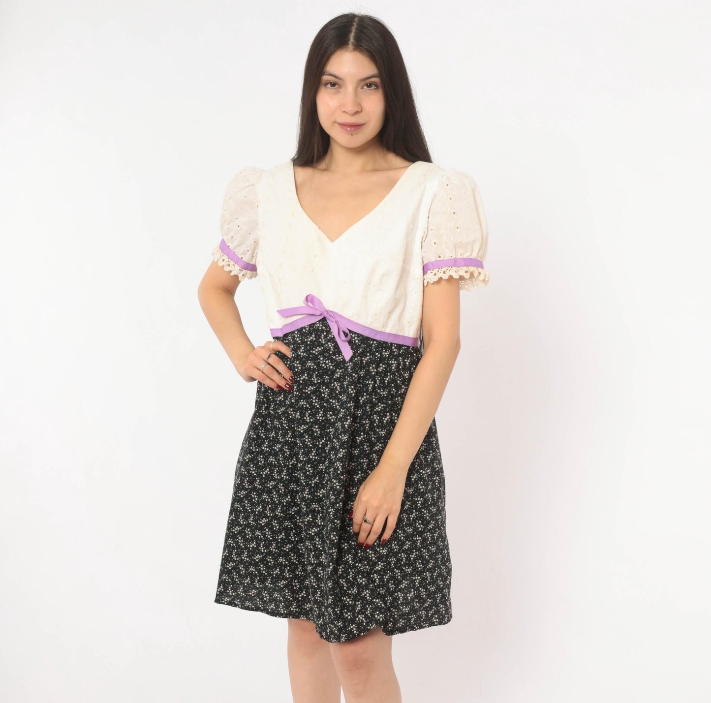 70s Princess Kaiulani Empire Waist Dress Eyelet Puff Sleeve Black Floral Medium M