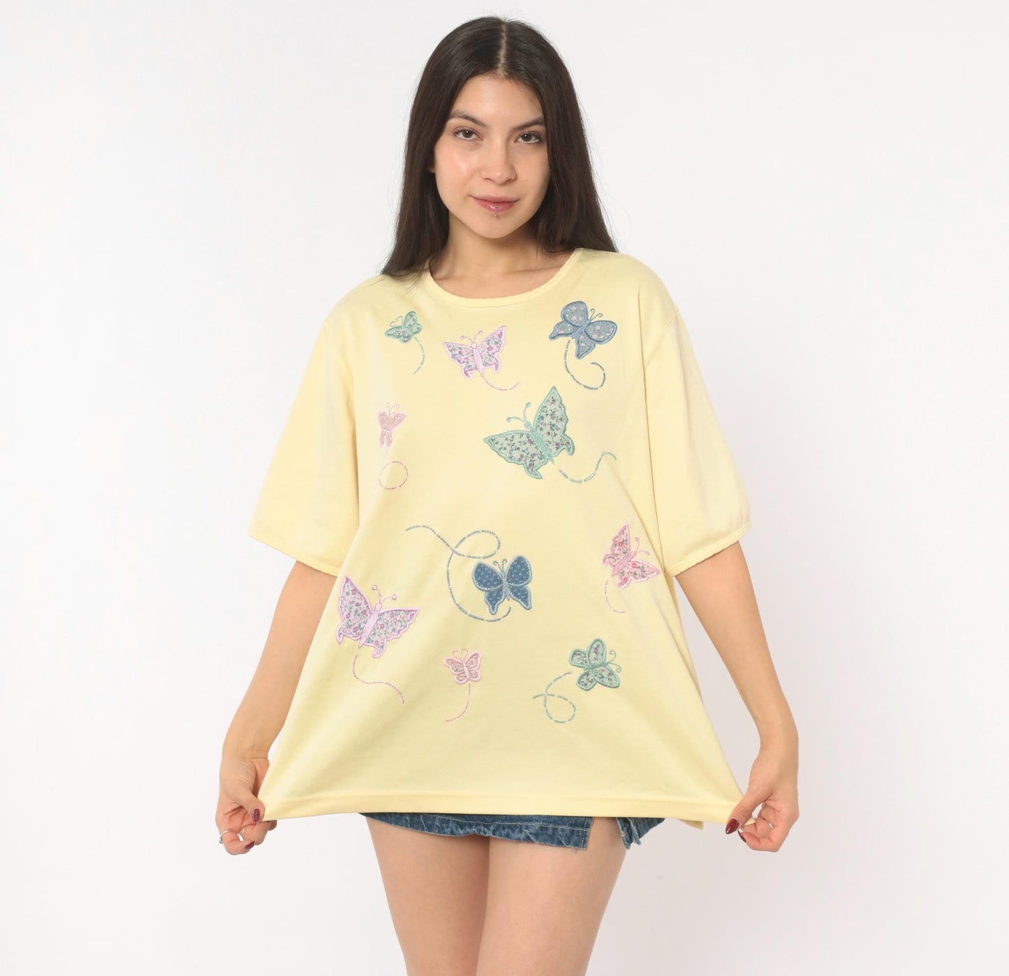 90s Bonworth Butterfly Applique Top Yellow Cotton Crew Neck Extra Large XL