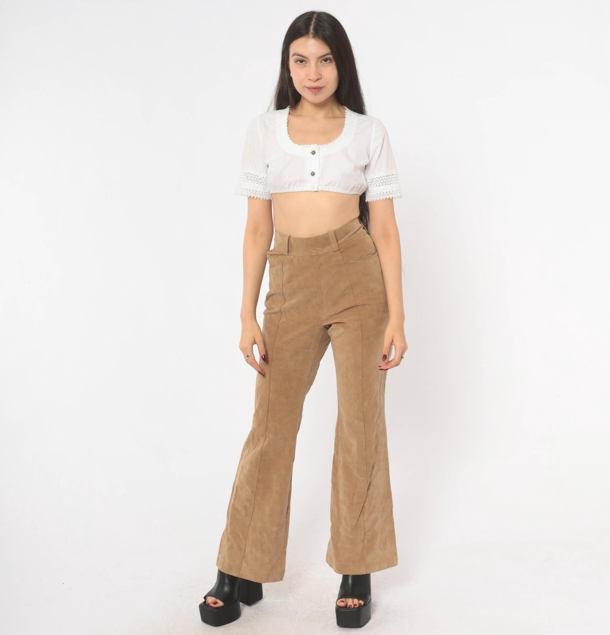 80s Lew Magram Faux Suede Flare Pants Tan High Waist Bell Bottom Small S