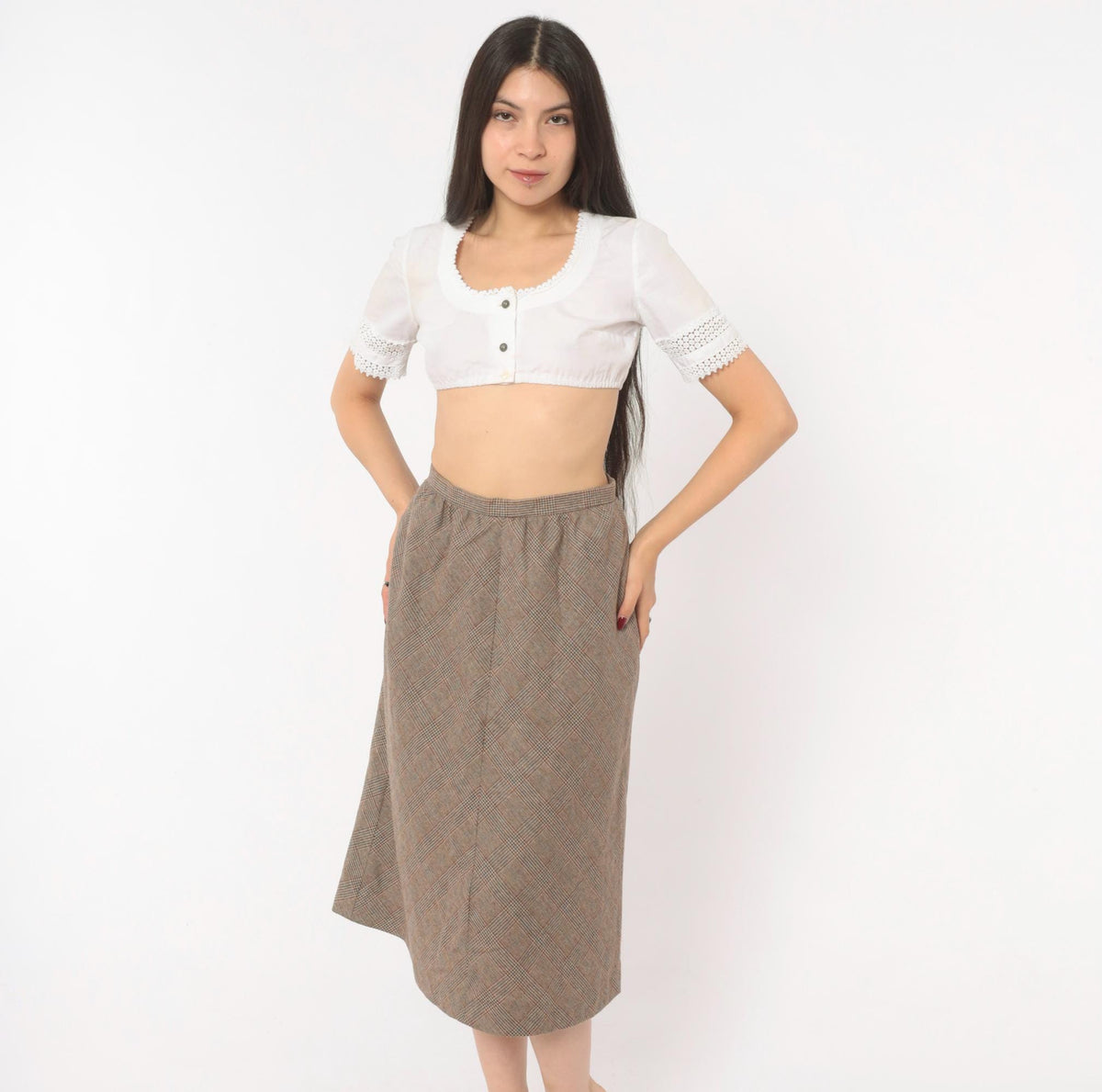 1970s Glen Plaid Wool A-Line Midi Skirt Brown Tan Check Extra Small XS