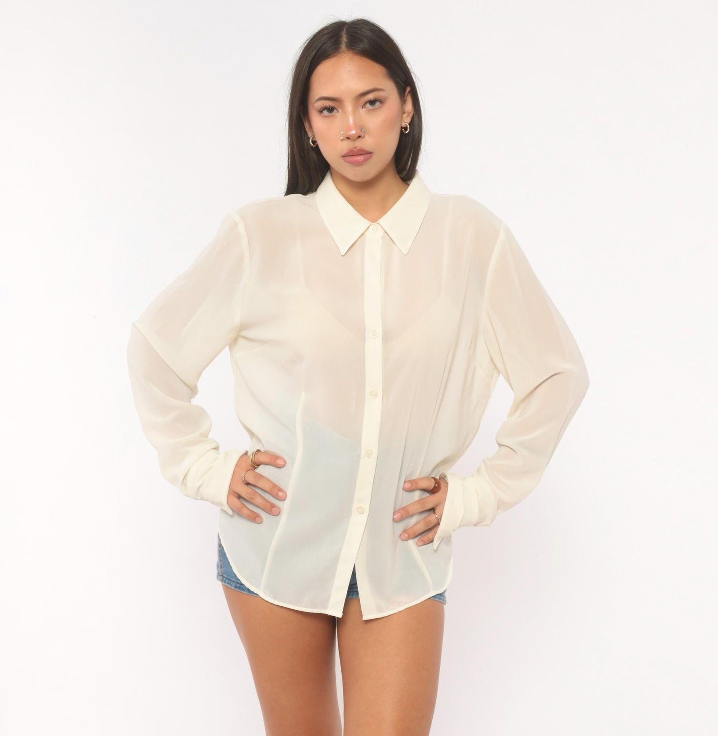 Y2K NY&Co Sheer Cream Button-Front Blouse Pointed Collar Long Sleeve Extra Large XL