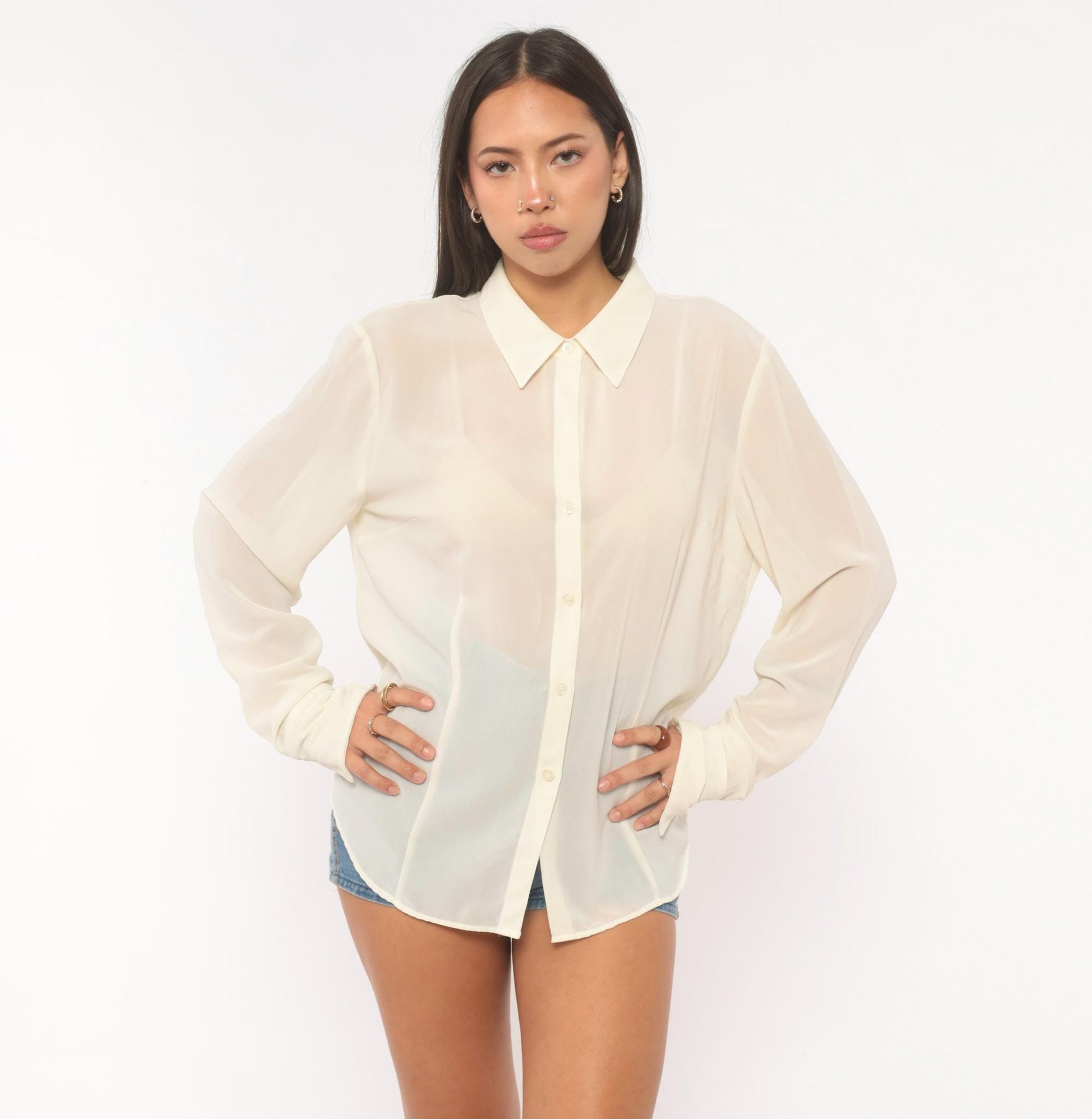 Y2K NY&Co Sheer Cream Button-Front Blouse Pointed Collar Long Sleeve Extra Large XL