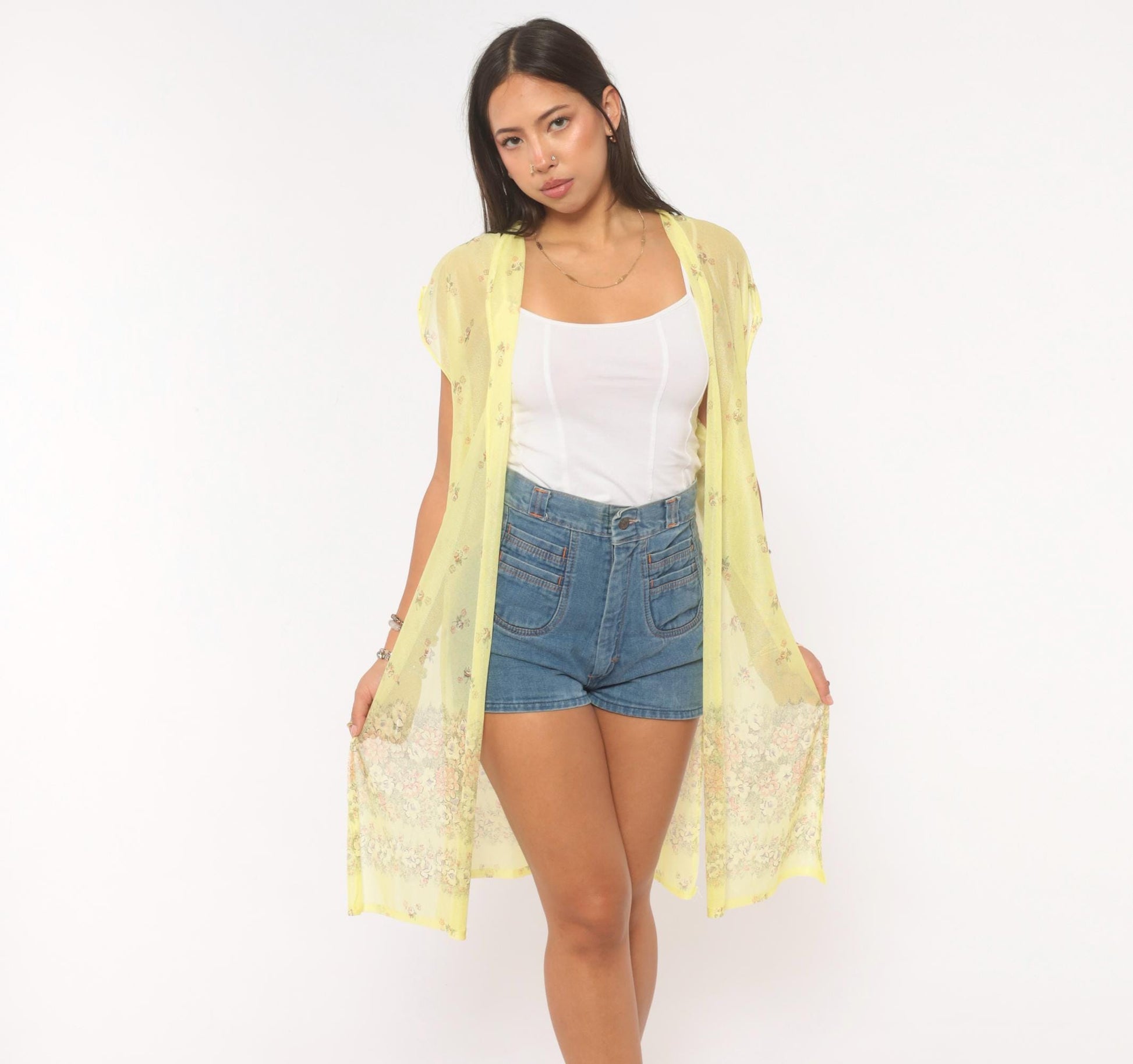 70s Yellow Sheer Floral Duster Cardigan Cap Sleeve Knee-Length Small