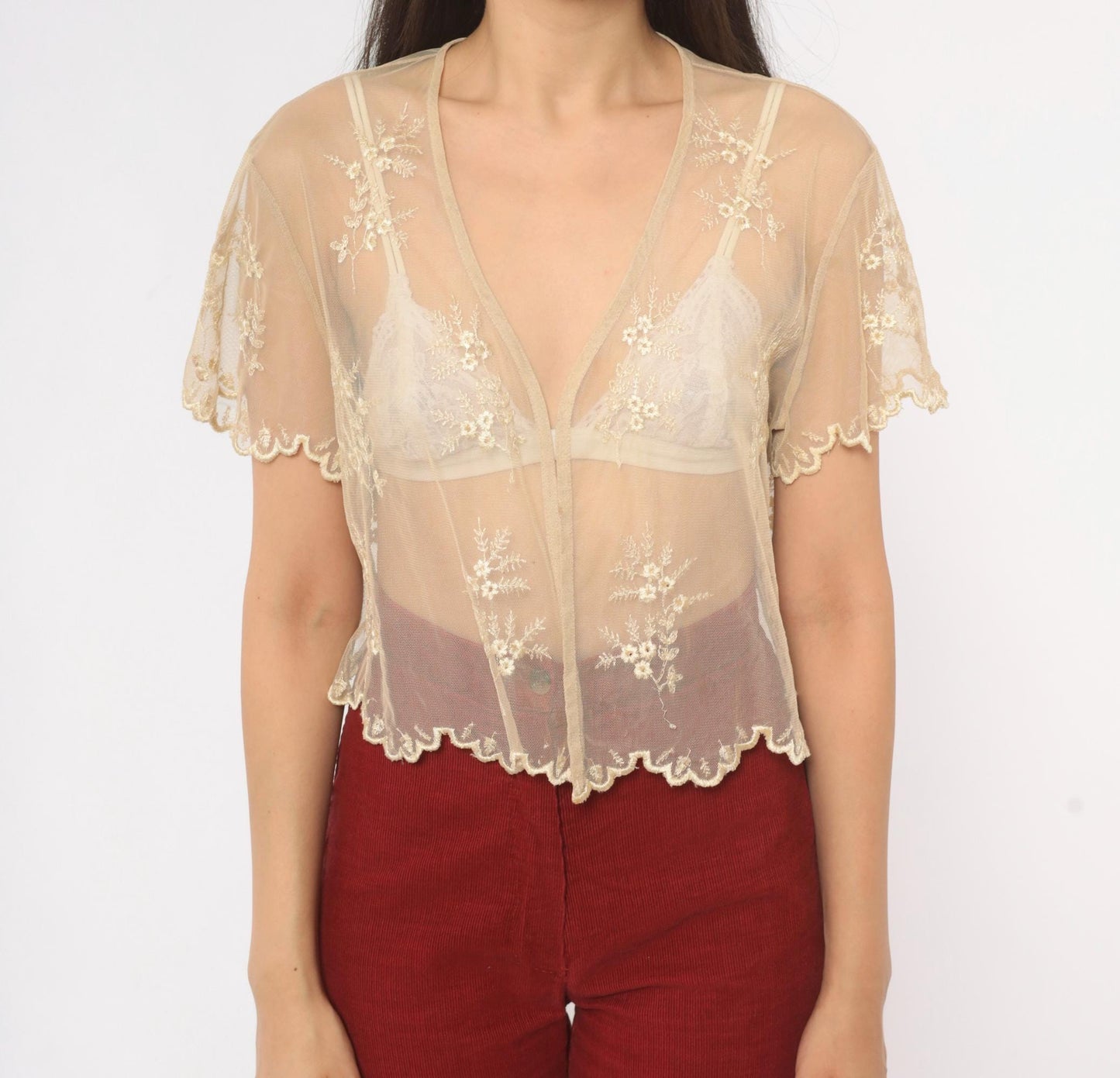 90s Newport News Embroidered Mesh Blouse Cream Floral V-Neck Small