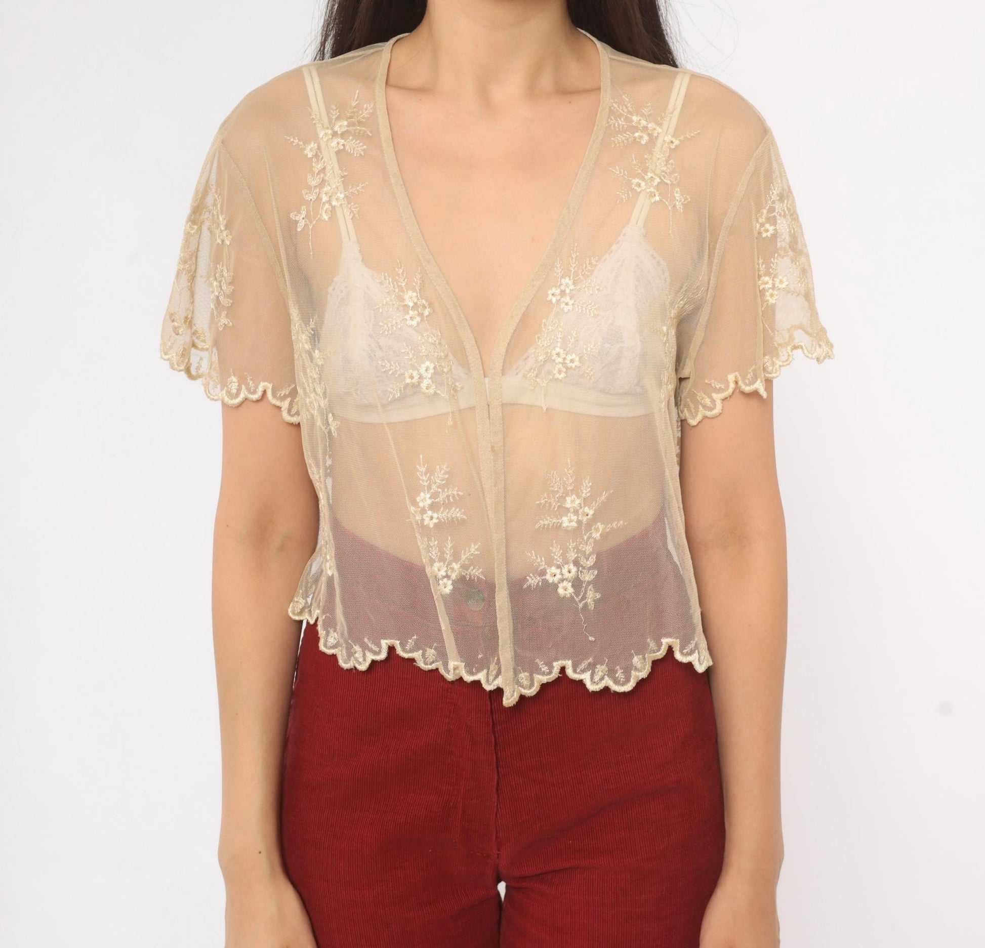 90s Newport News Embroidered Mesh Blouse Cream Floral V-Neck Small
