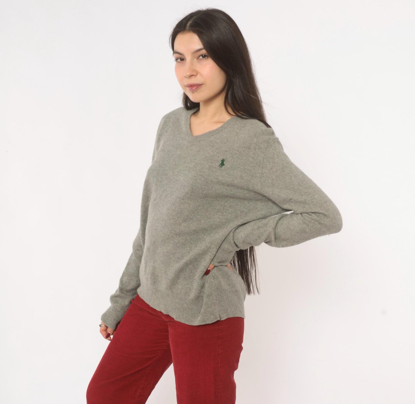 Y2K Ralph Lauren Grey Merino Wool V-Neck Sweater Distressed Large L