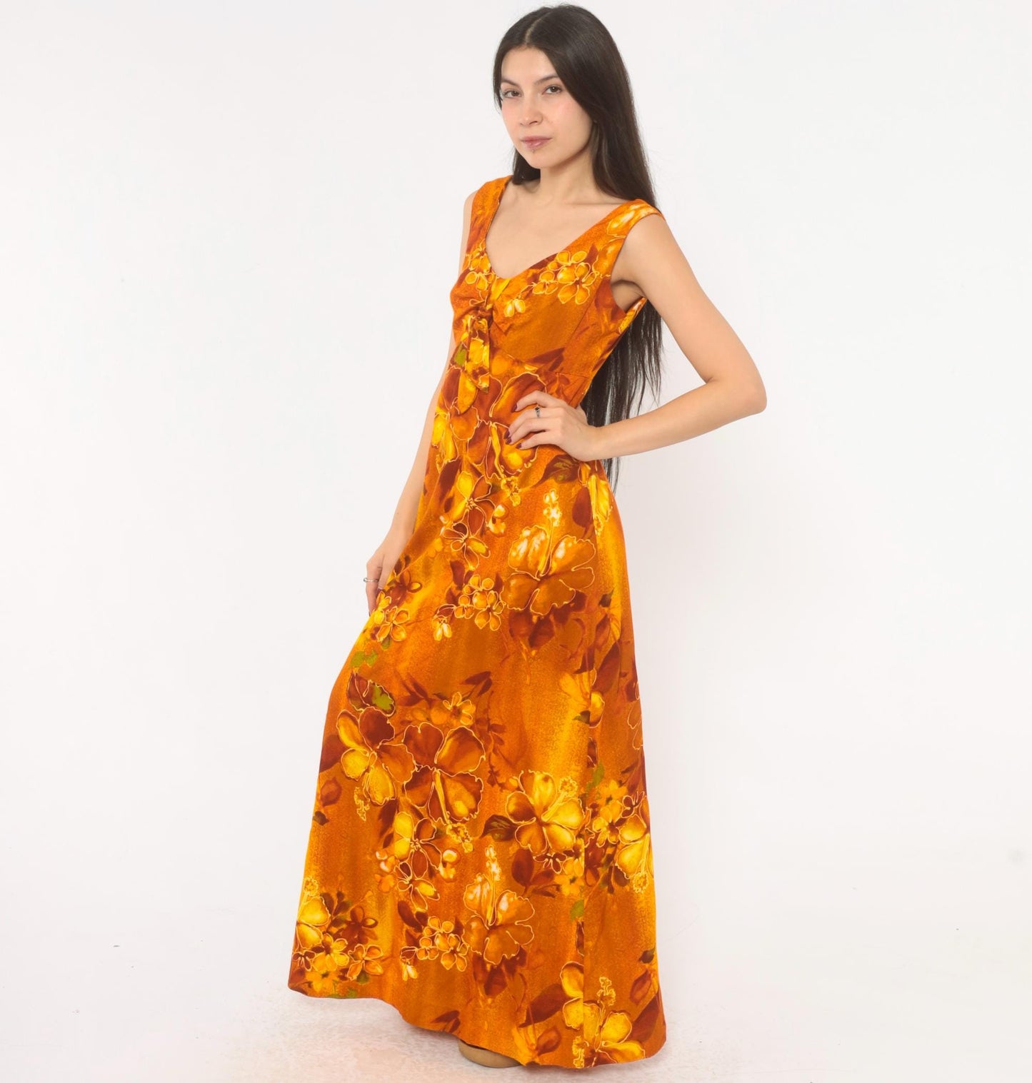 70s Kawika of Hawaii Maxi Dress Orange Floral Empire Waist Medium