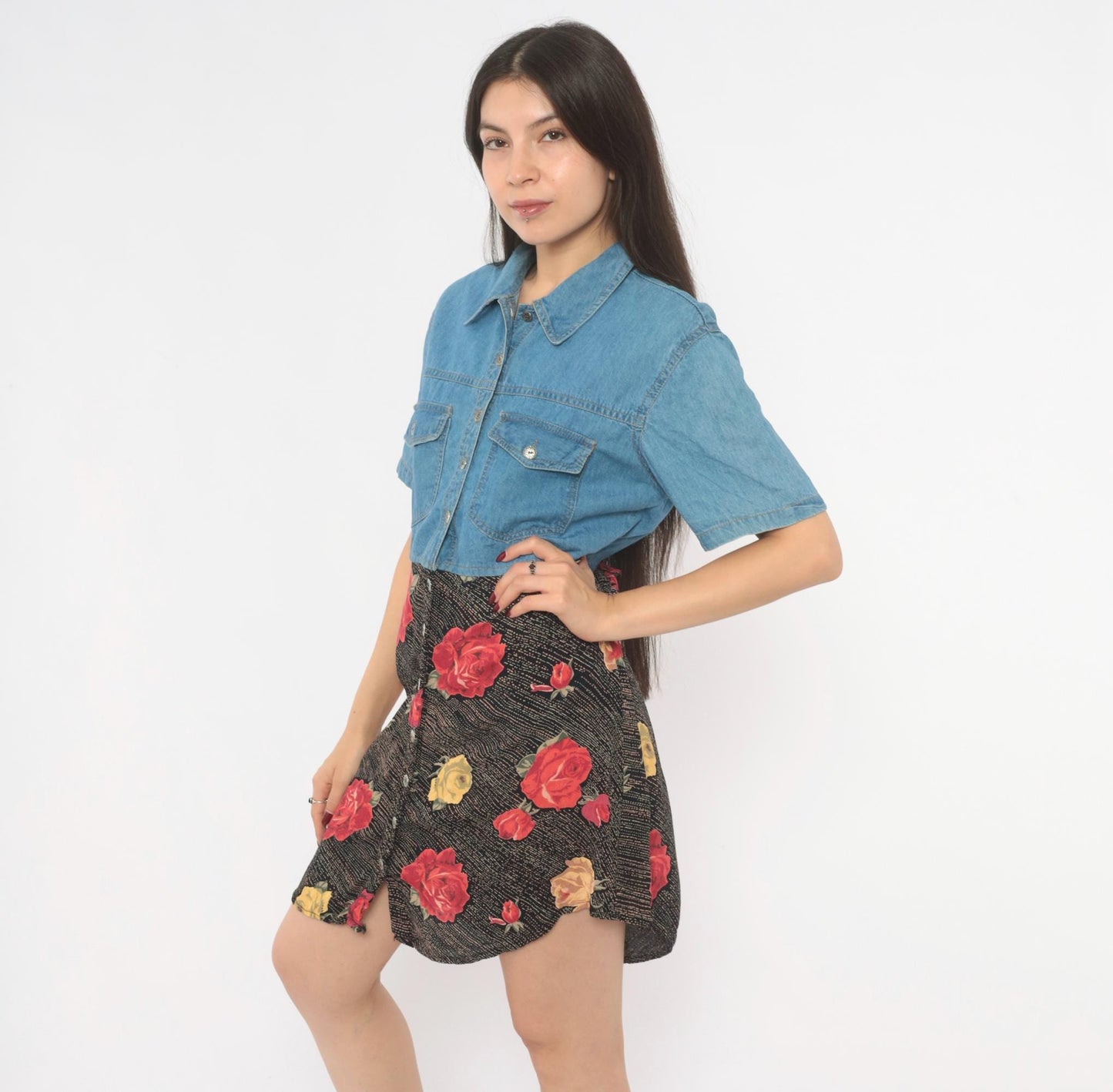 90s M.P.H. Denim Floral Mini Dress Button Front Collared Medium M