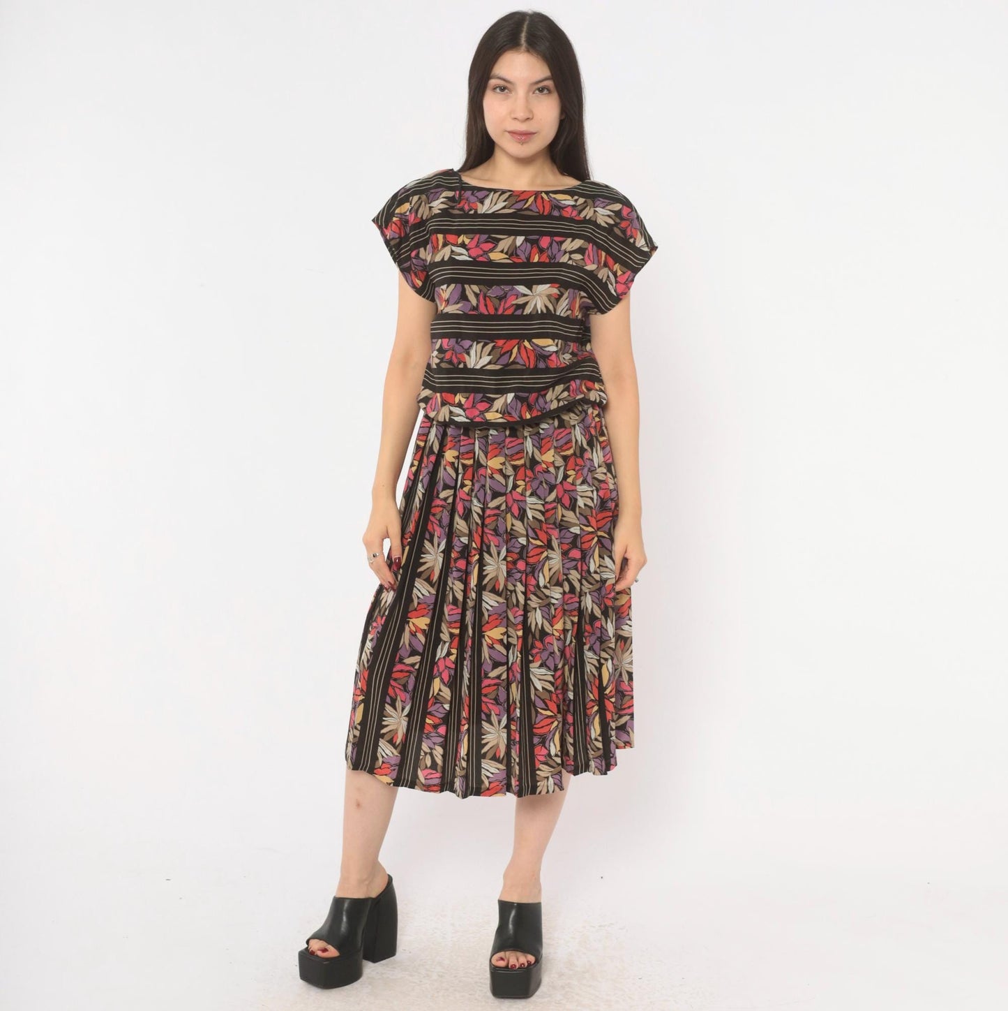 80s Secrets Botanical Leaf Print Midi Dress Black Cap Sleeve Drop Waist Small