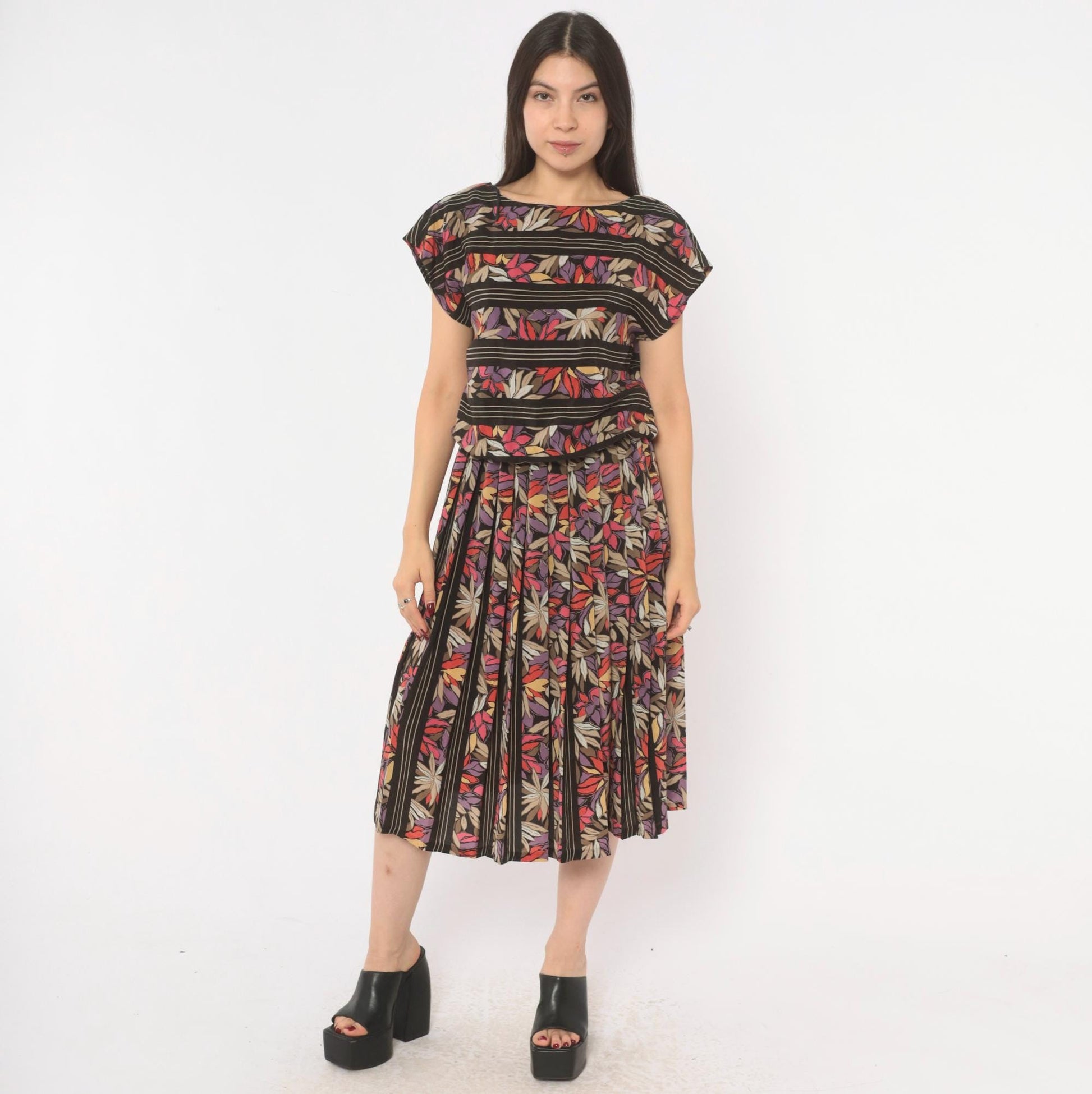 80s Secrets Botanical Leaf Print Midi Dress Black Cap Sleeve Drop Waist Small