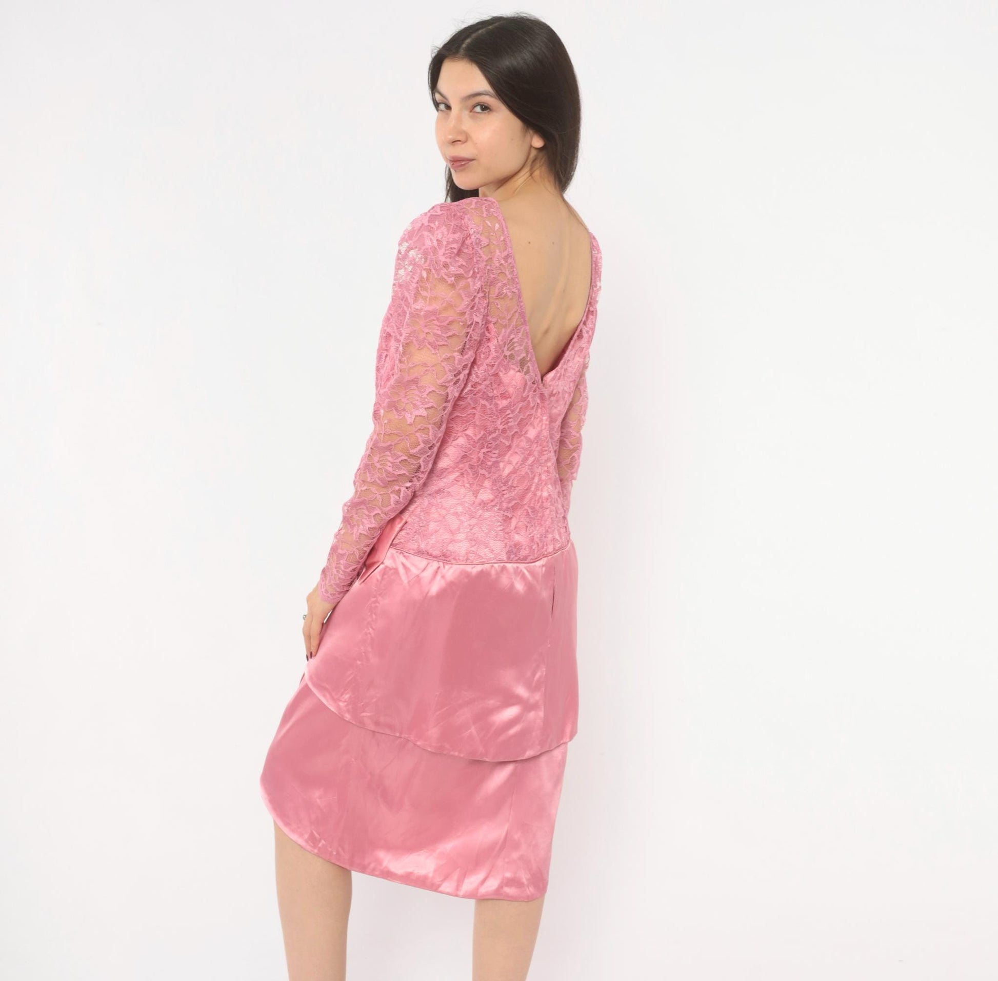 80s Pink Lace Satin Dress Puff Sleeve Bow Tiered Tulip Skirt Large L