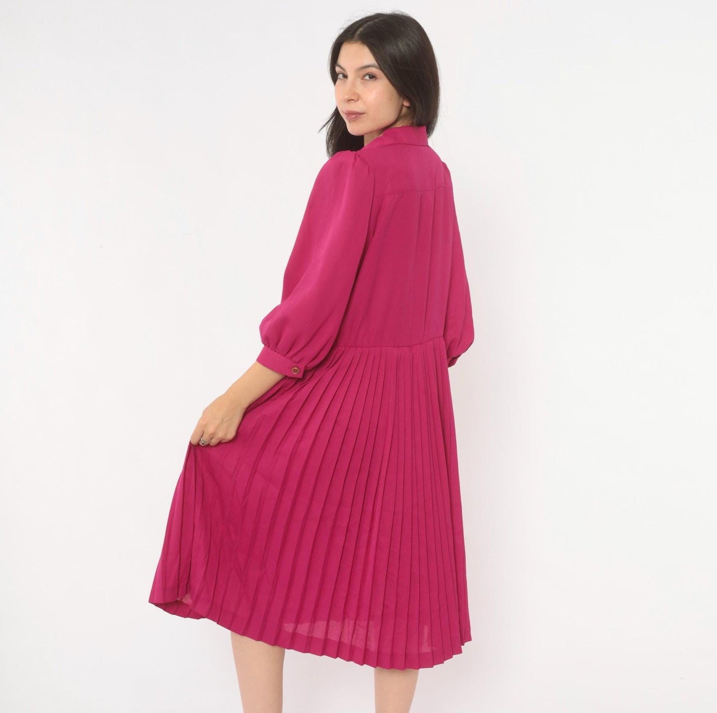 80s Sabino Petites Fuchsia Pleated Shirt Dress Puff Sleeve Knee Length Small