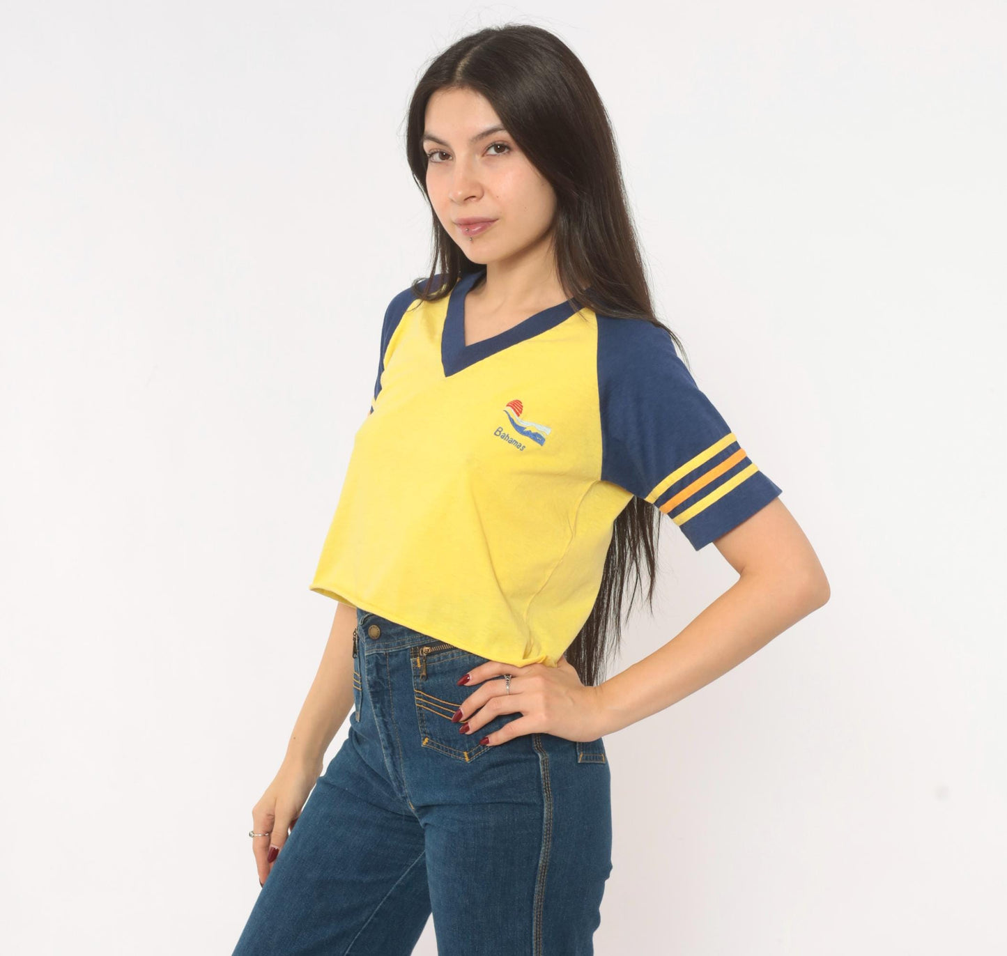 80s Windswept Bahamas Raglan Crop Top Yellow Navy Striped Small