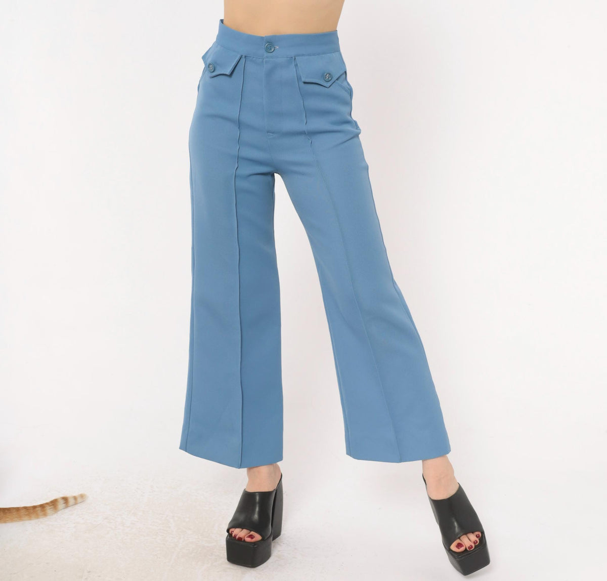70s Steel Blue High Waisted Wide Leg Flare Trousers Cropped Ankle Extra Small XS