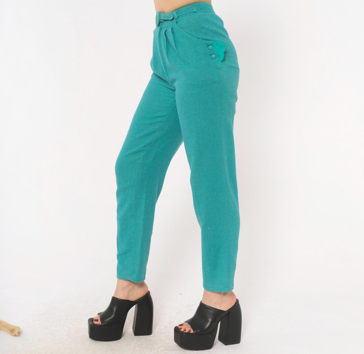 80s Teal High-Waist Pleated Tapered Trousers Eyelet Pockets Extra Small XS