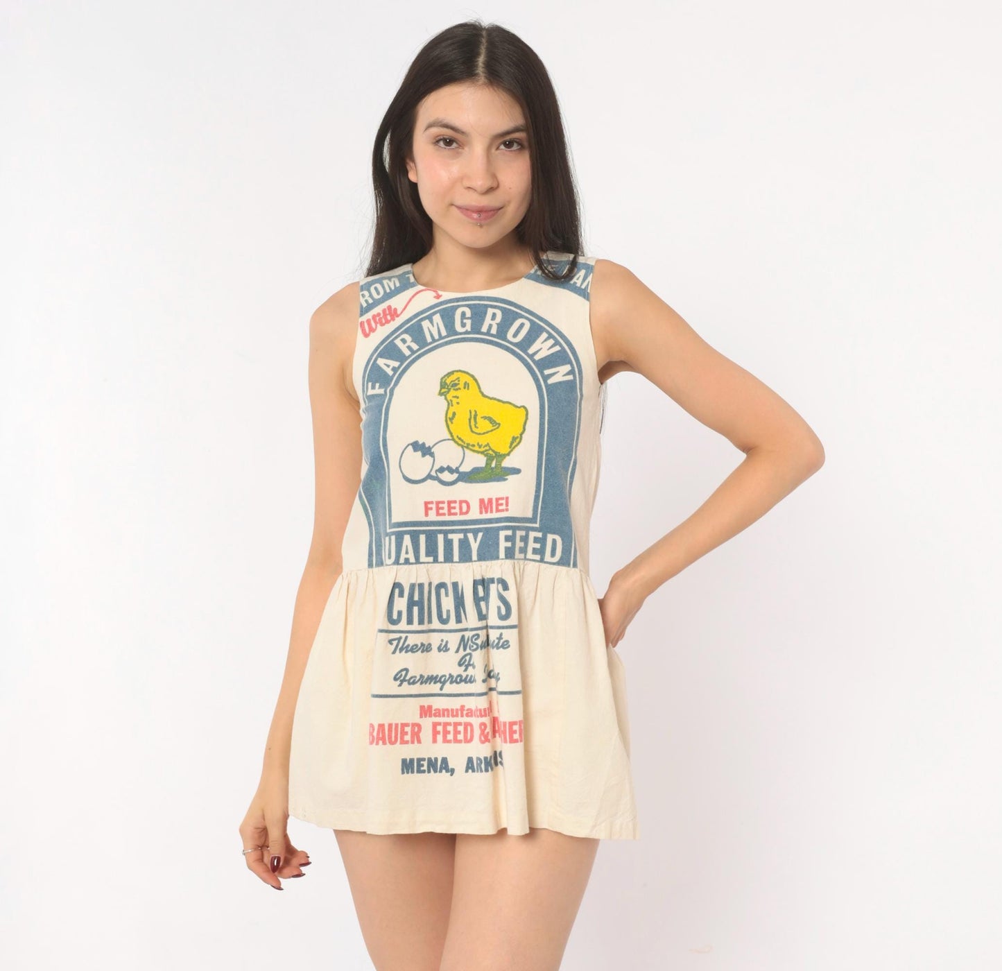 70s Chicken Feed Sack Mini Dress Cotton Cream Yellow Graphic XXS